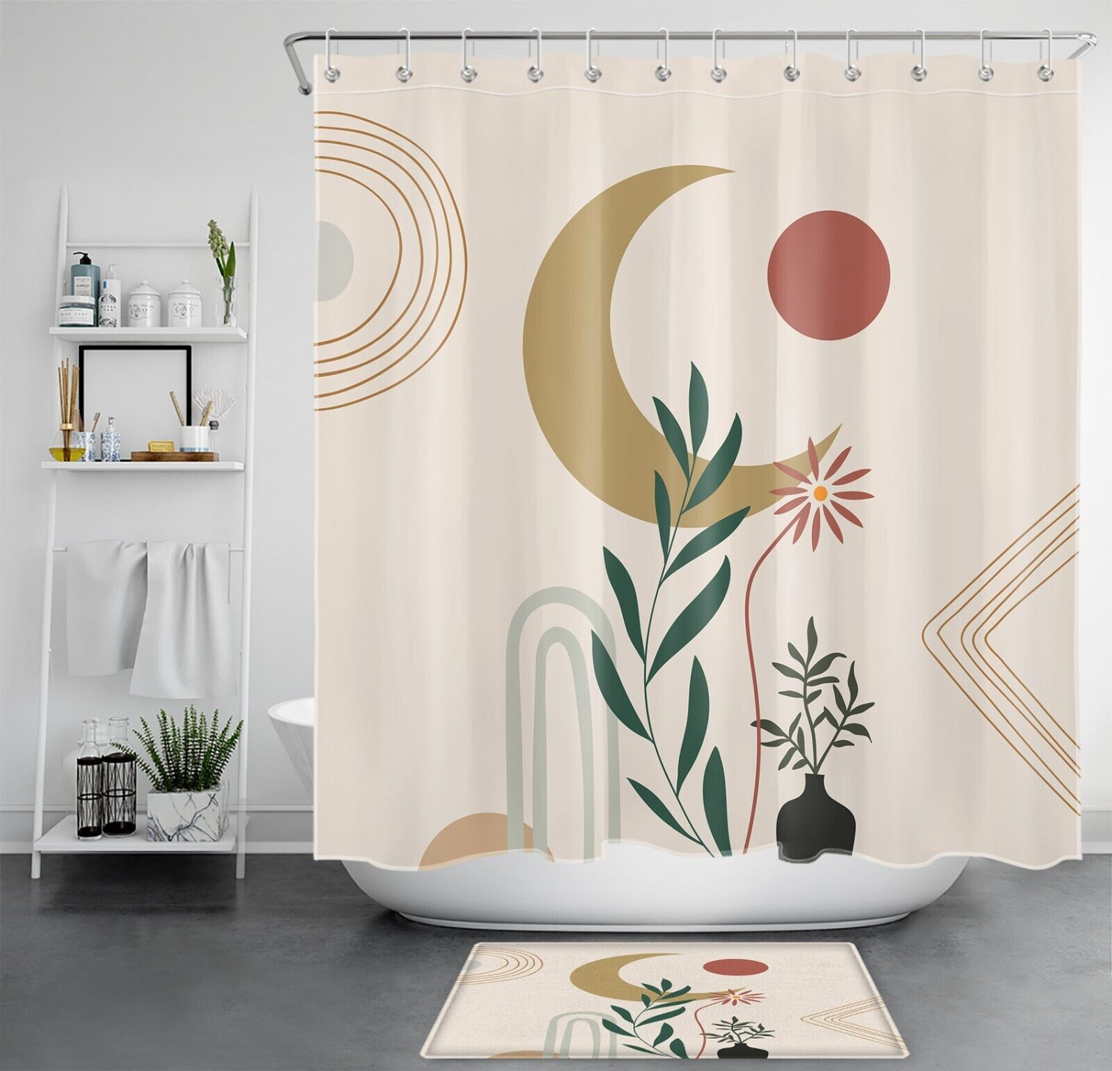 Shower Curtain With Leaf, Flower, Sun, And Moon Design In Mid-Century Bohemia Art Style, Perfect For Bathroom Decor Home Decor