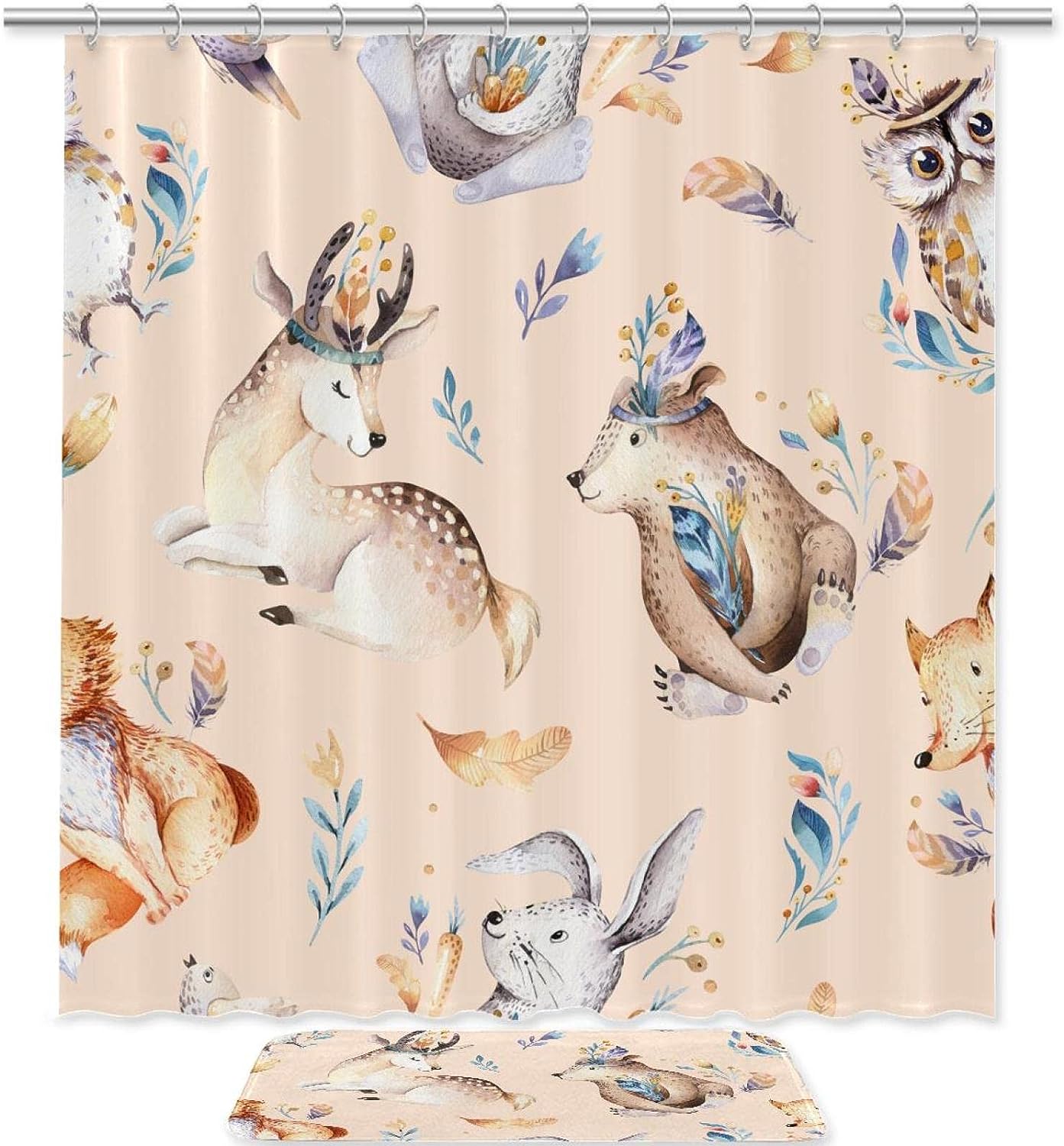 Forest Animals Shower Curtain With Boho Fox, Deer, Rabbit, And Bear Waterproof Bath Curtain For Bathrooms