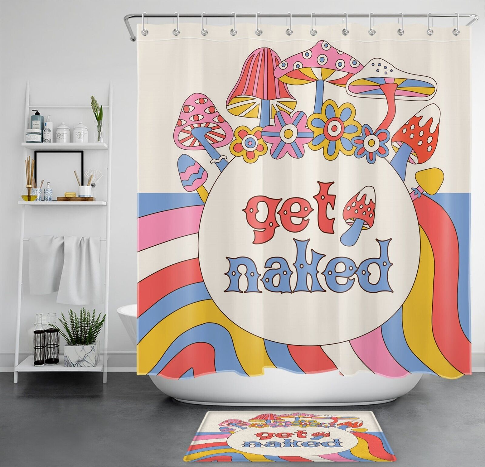 Fun Boho Shower Curtain With Colorful Flower And Mushroom Bathroom Decor With Playful Twist