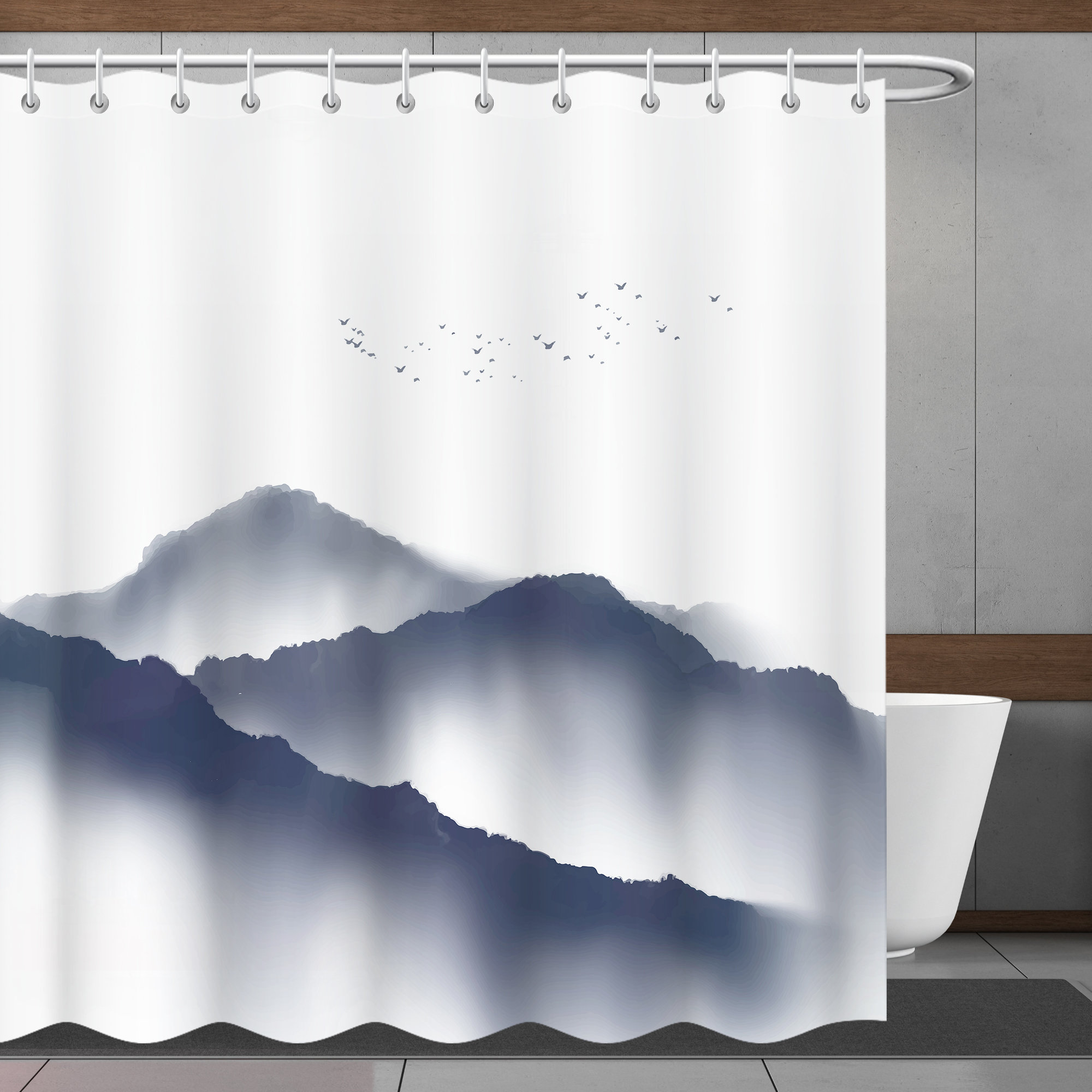 Shower Curtain With Mountain Peak Bird Pattern In Bohemia Style, Minimalistic And Perfect For Bathtub Decor Bathroom Curtain