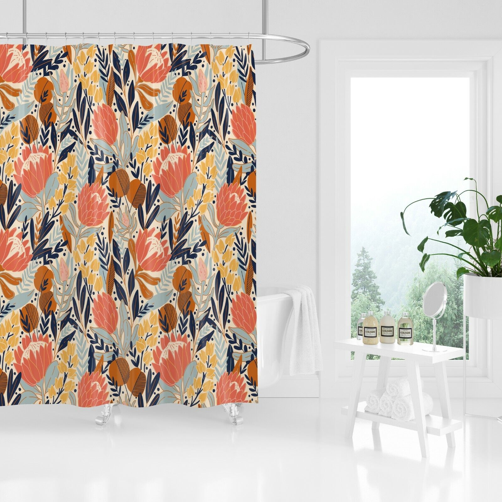 Boho Flowers Bathing Shower Curtain Fabric Set Bathroom Decor With Floral Theme