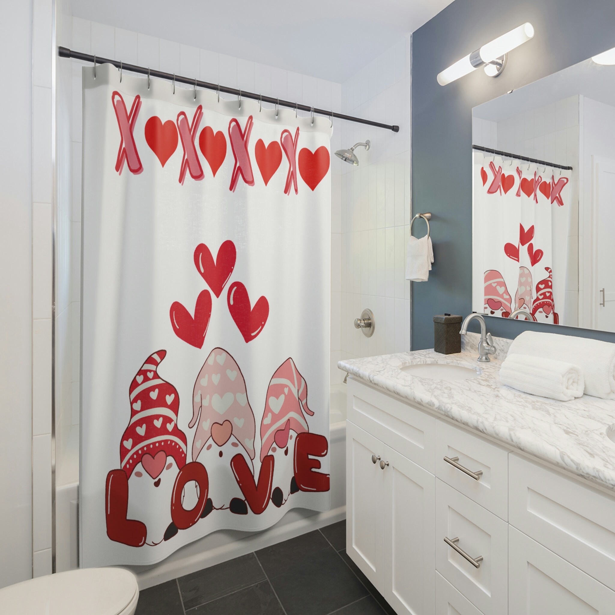 Cute Boho Valentine Shower Curtain With Gnome And Retro Love Theme Kids Bathroom, Adorable Bathroom