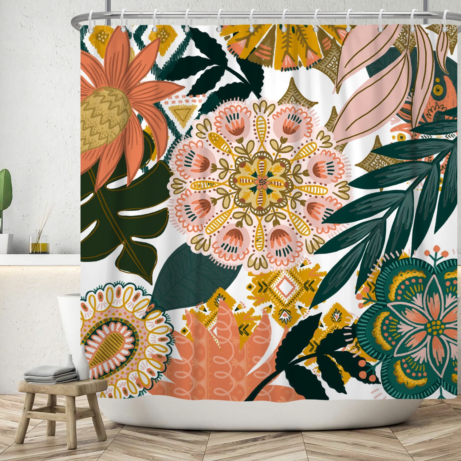 Bright Boho Floral Shower Curtain With Flower And Green Leaves, Perfect For Bathroom And Tub Decor Bathroom Curtain