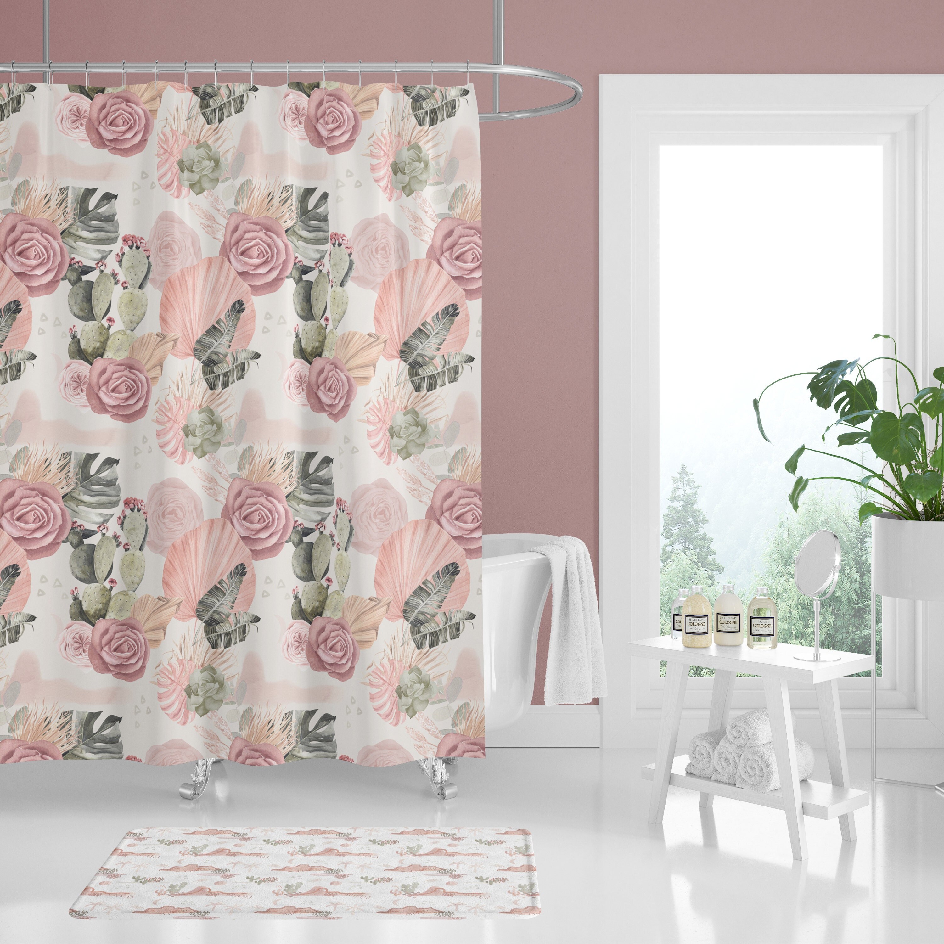 Desert Rose Boho Floral Shower Curtain Kids Bathroom Decor With Cactus And Florals