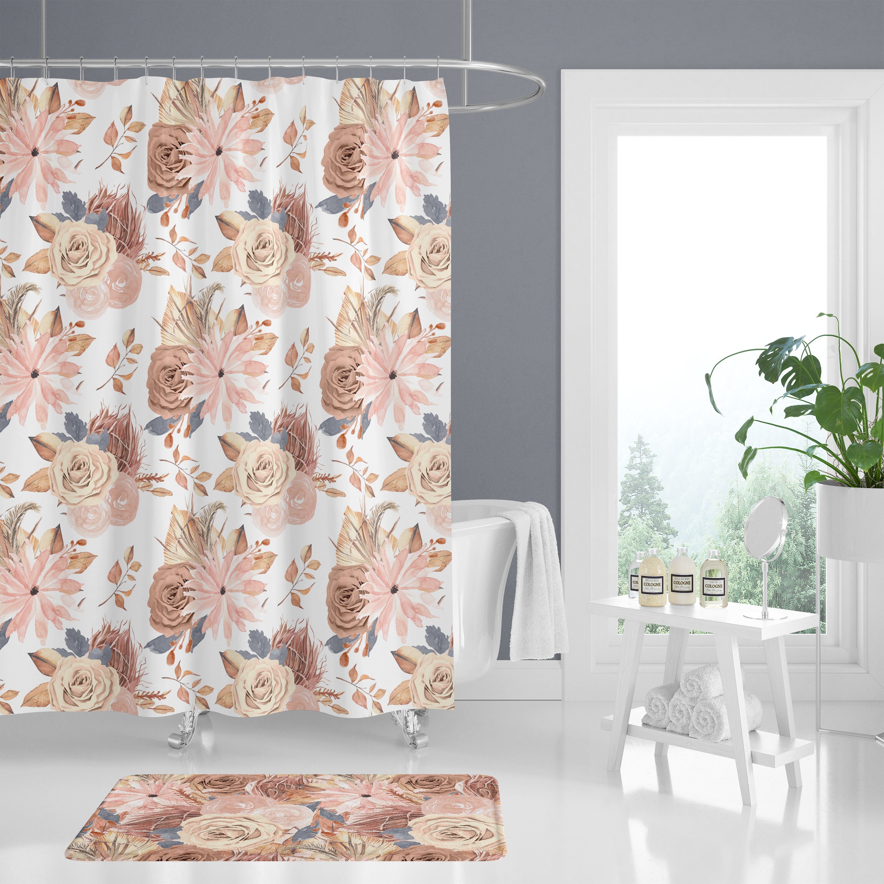 Earth-Toned Floral Shower Curtain With Boho Design Kids Bathroom Decor