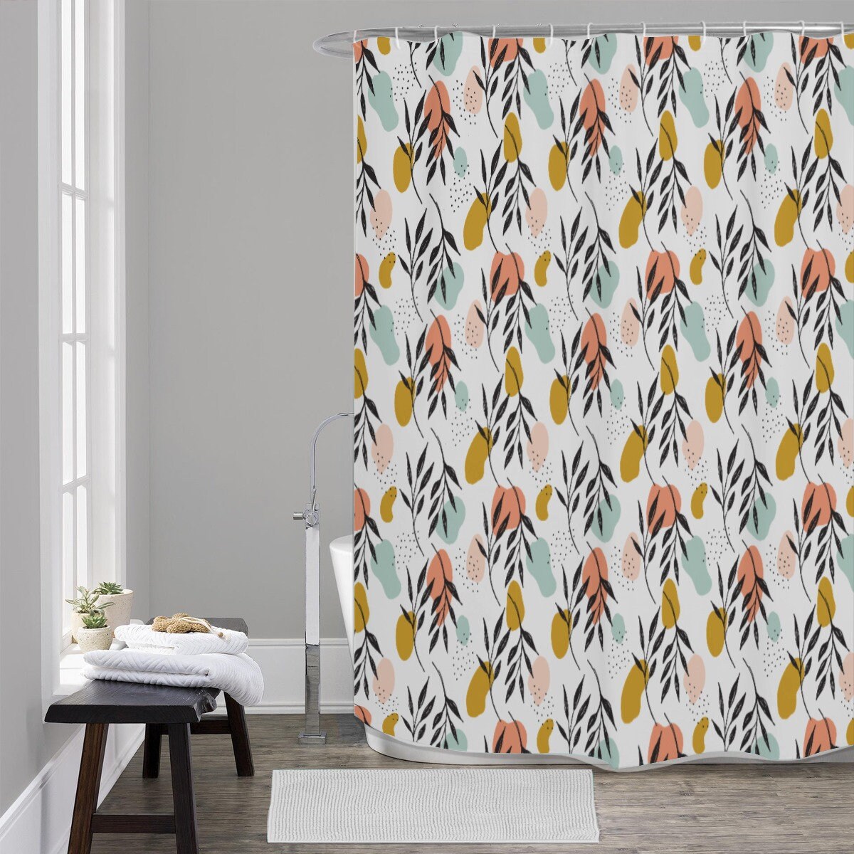 Mid Century Geometric Boho Shower Curtain Eco Friendly Bathroom Decor With Vintage Art