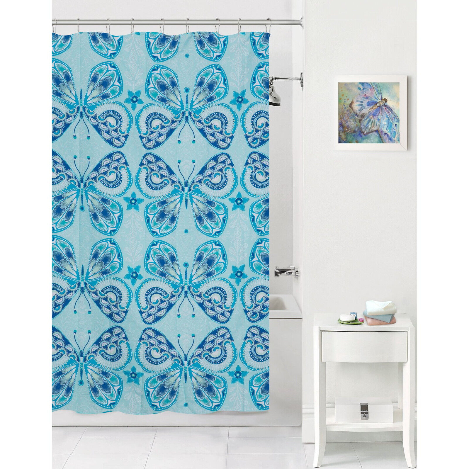 Butterfly Blue Boho Shower Curtain Kid-Friendly Fabric With Bohemian Flair