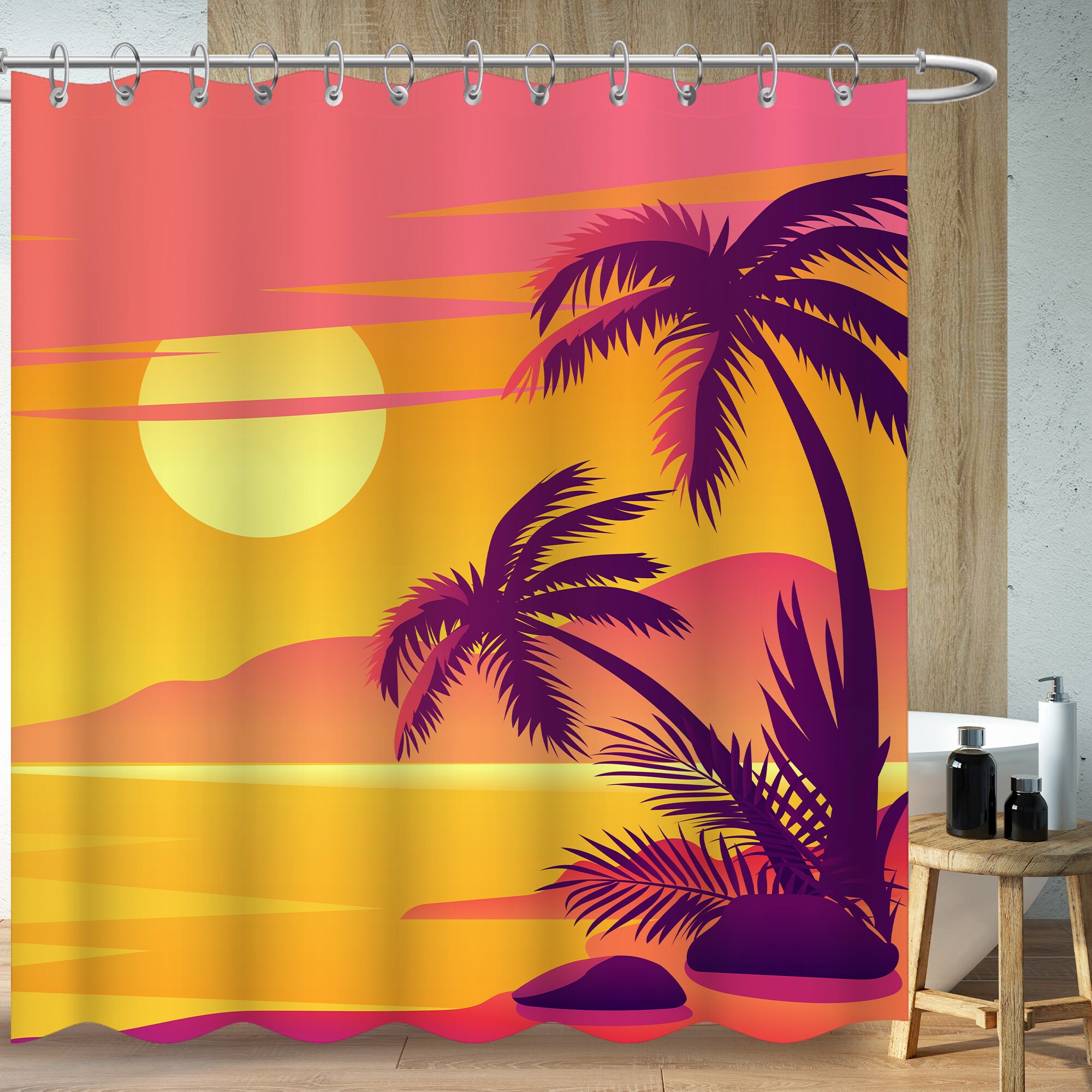 Sea Sunset Palm Trees Shower Curtain With Vintage Medieval Design, Perfect For Bathtub Decor Bathroom Curtain