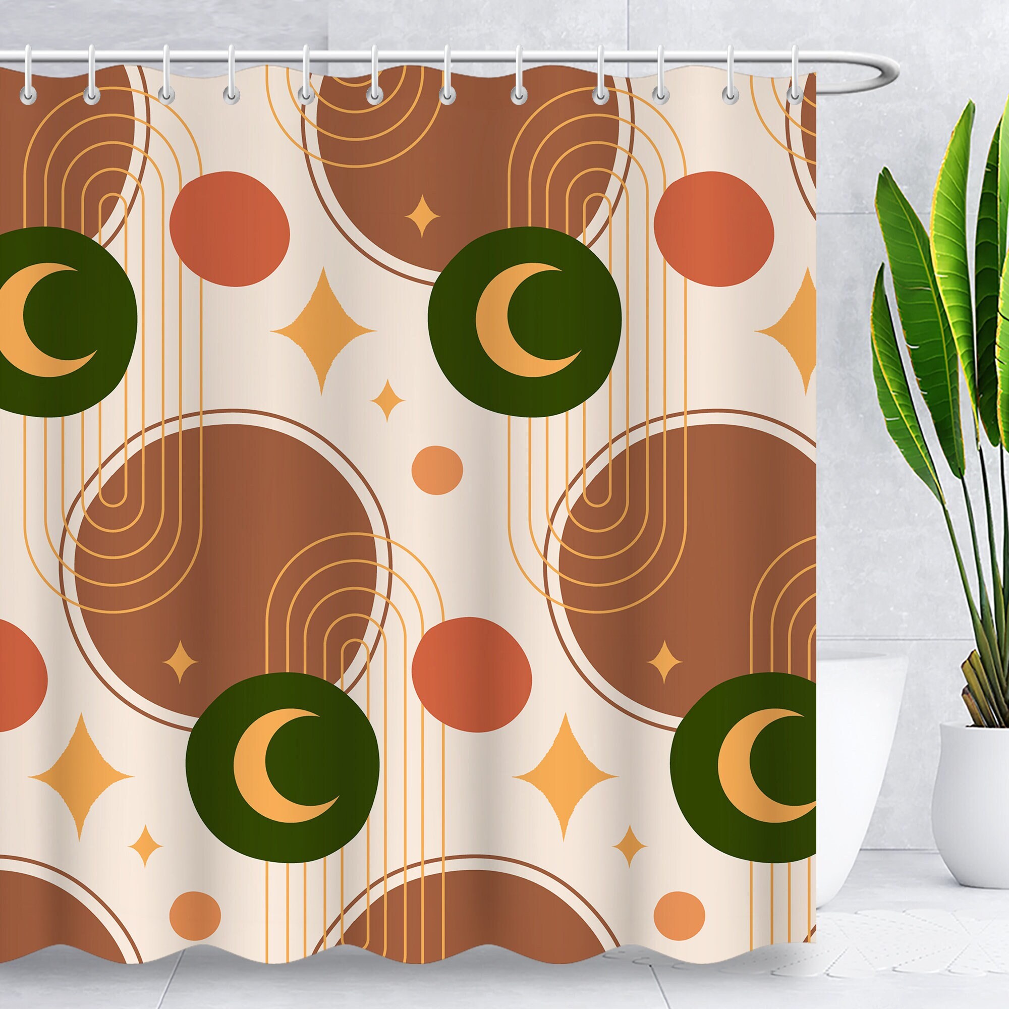 Sun And Moon Brown Boho Shower Curtain Abstract Fabric With Waterproof Features