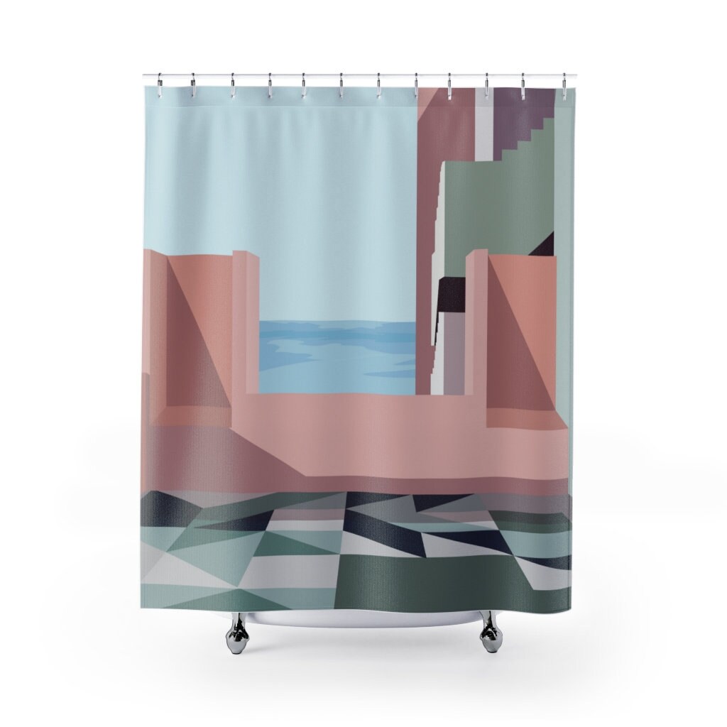Geometric Pink And Green Boho Shower Curtain For Color Pop Bathroom Decoration