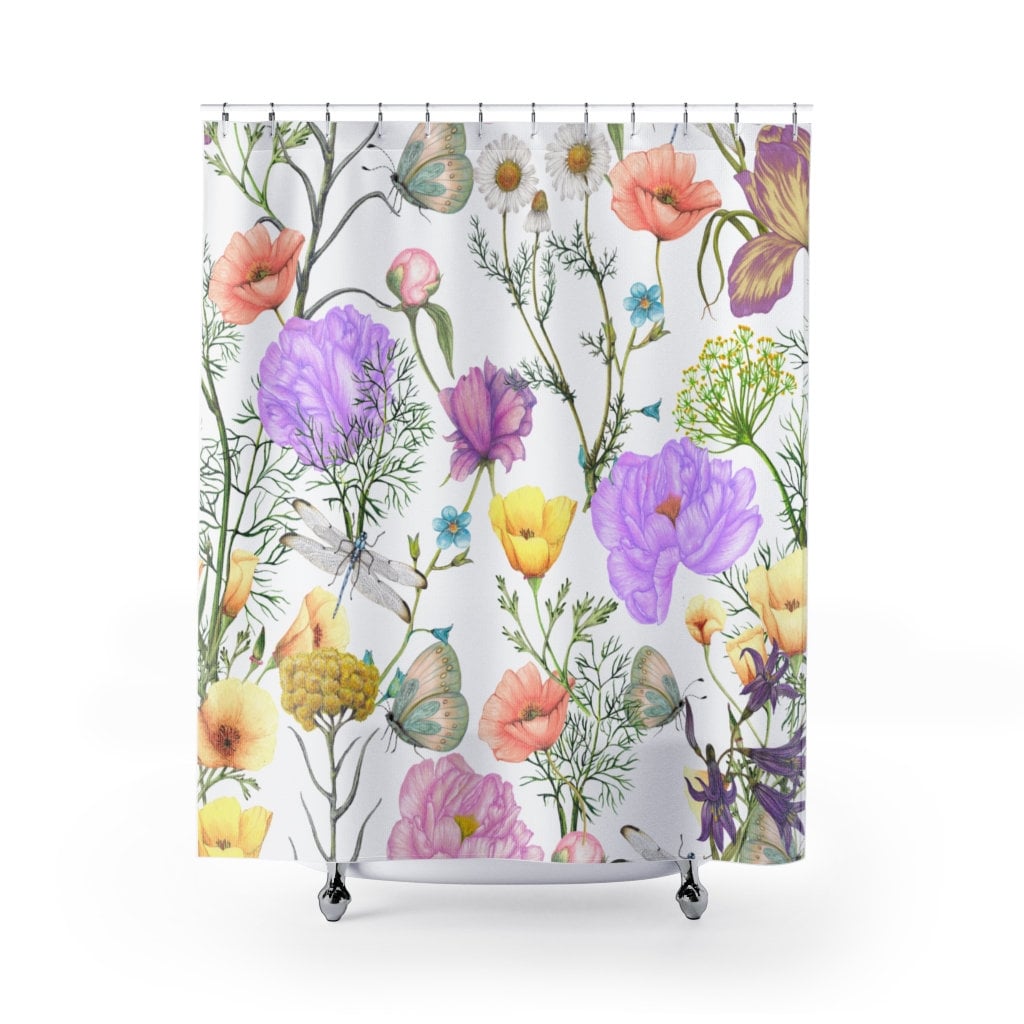 Floral Butterfly Print Shower Curtain, Boho Style Bathroom Decor