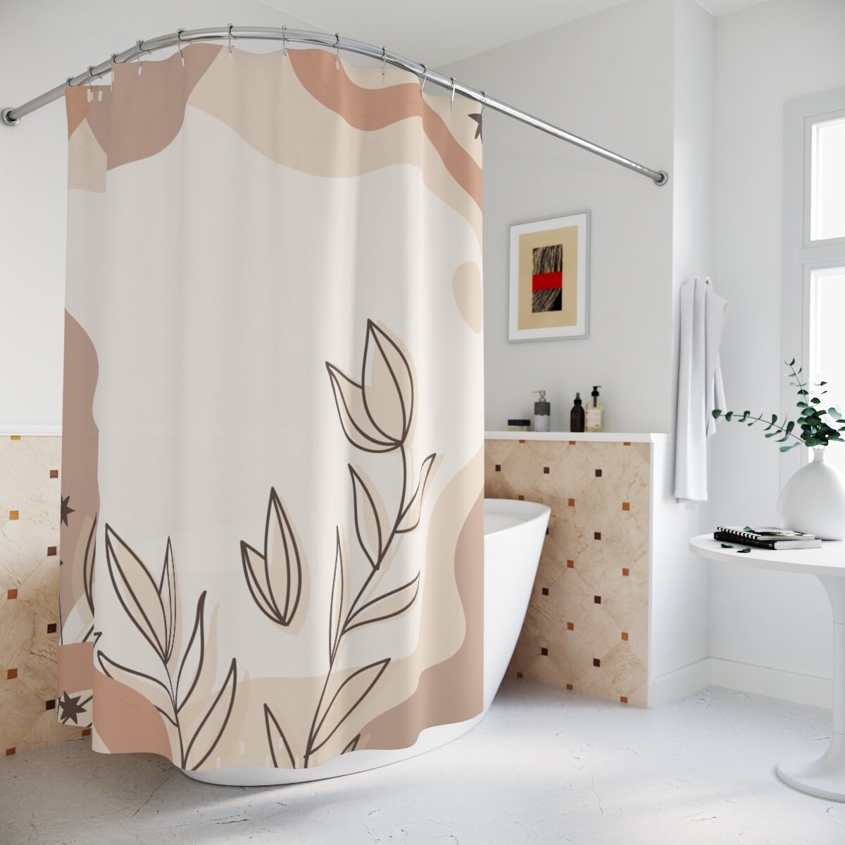 Peaceful And Neutral Warm Earth Colors Shower Curtain For Minimalist Bohemian Bathroom Decor