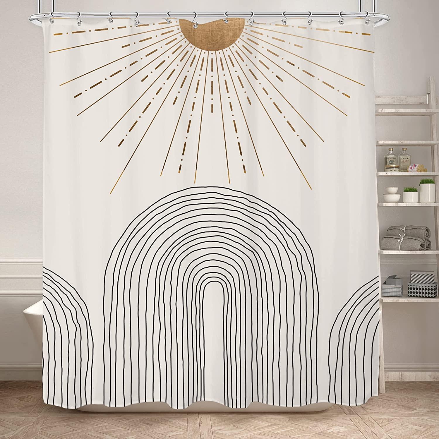 Mid Century Modern Aesthetic Fabric Shower Curtain, Boho Abstract Sun And Mountain Design For Bathroom