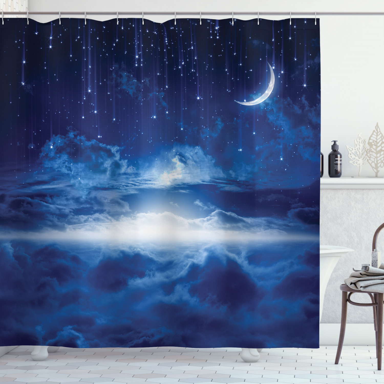 Night Sky Moon Stars Print Shower Curtain For Bathroom Decor
