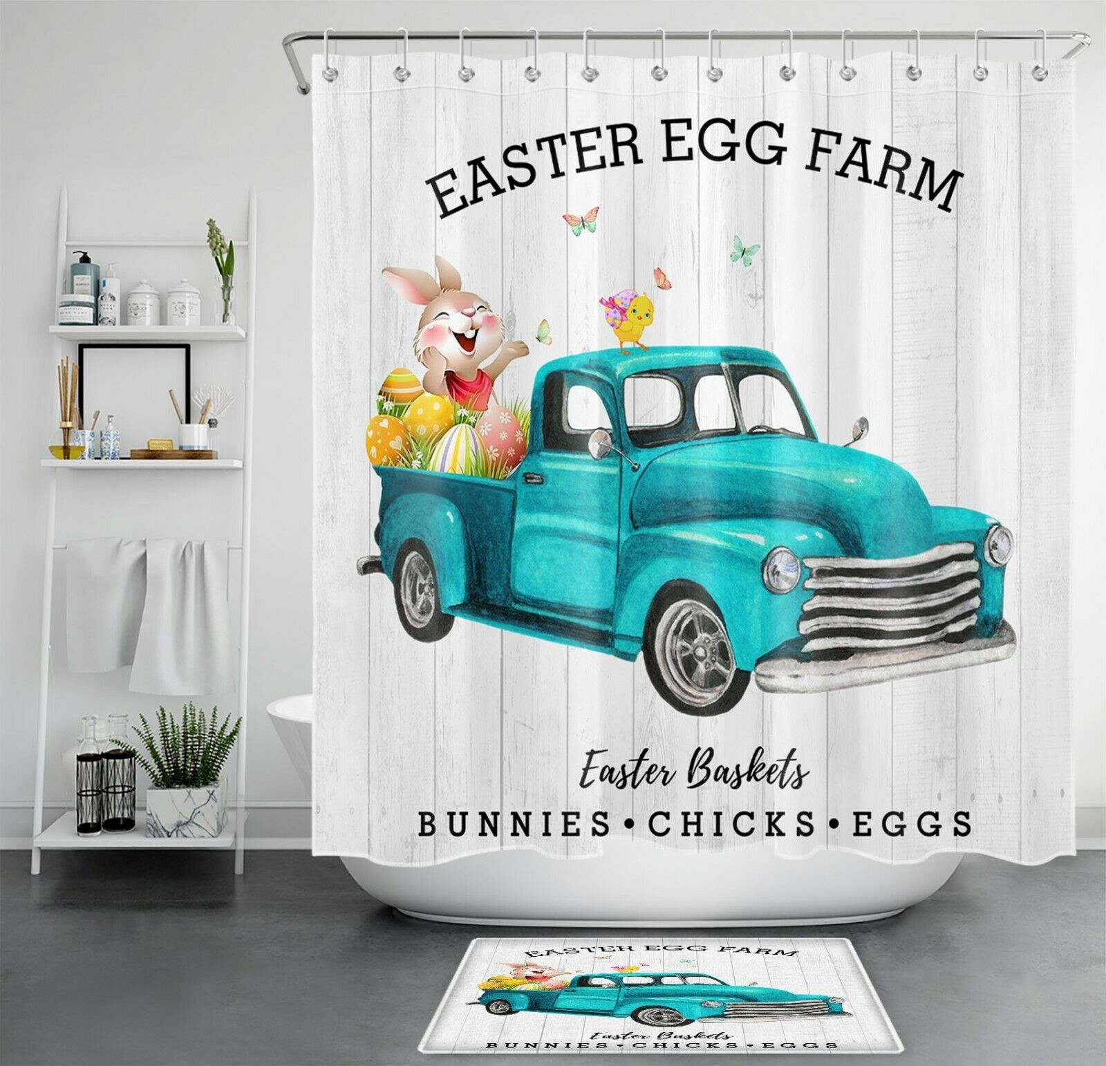 Grey Rustic Board Shower Curtain With Blue Truck And Funny Rabbit Bathroom And Home Decor