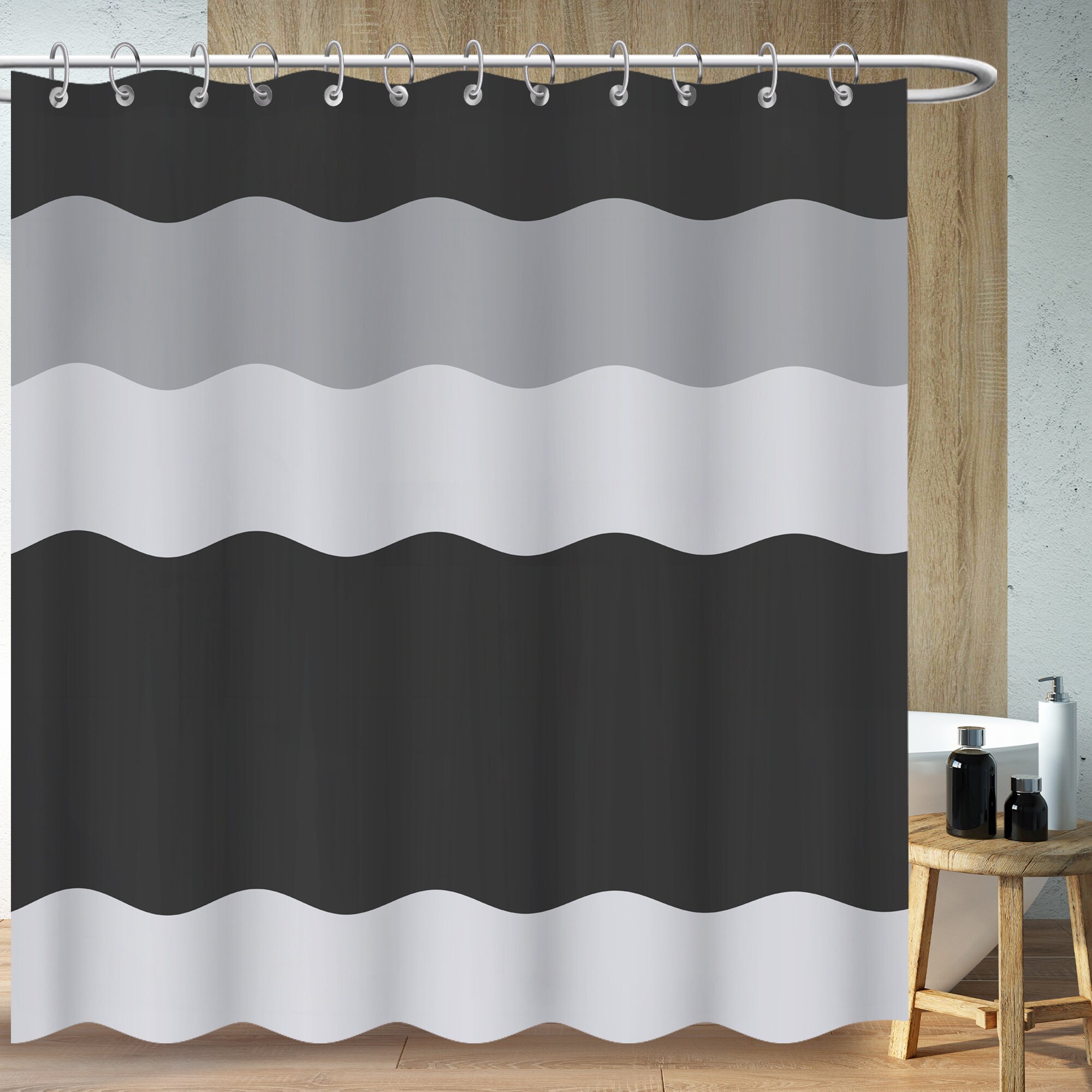 Simple Black And White Shower Curtain With Modern Lines, Minimalist Bathroom Decor Bathroom Curtain