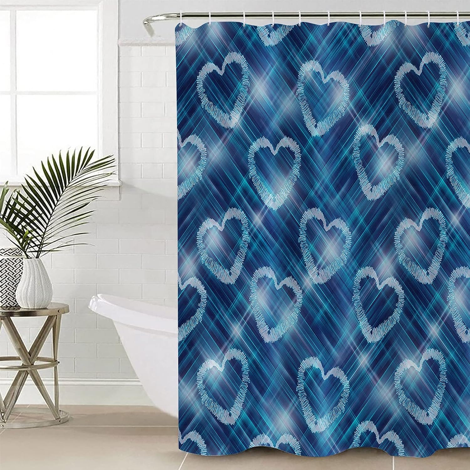 Cute Valentines Day Shower Curtain, Love Heart Blue Ombre Striped For Bathroom Decor