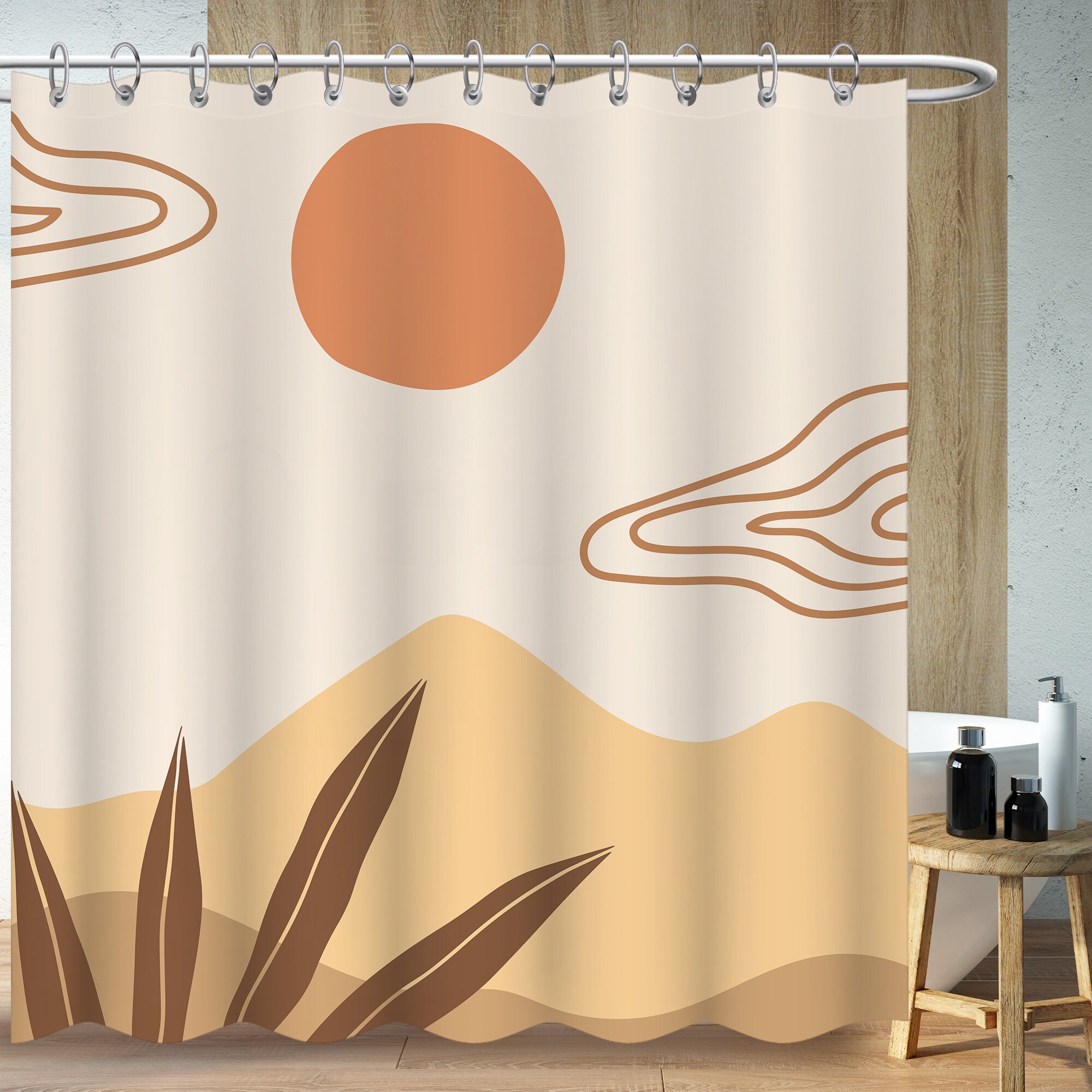 Sunset Clouds Mountains Shower Curtain, Minimalist Bohemia Art, Bathroom Decor
