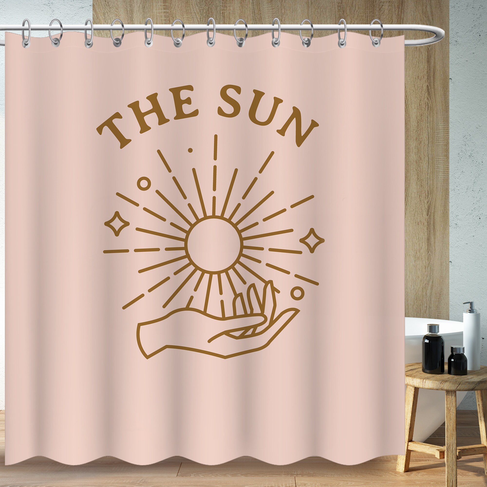 Pink Hand Of God Sun Shower Curtain, Minimalist Bohemia Art, Bathroom Decor