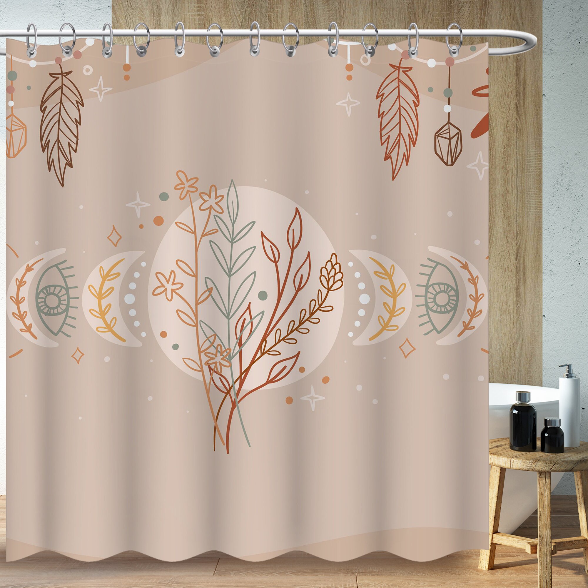 Botanical Leaves And Flower Shower Curtain, Minimalist Bohemia Art, Bathroom Decor