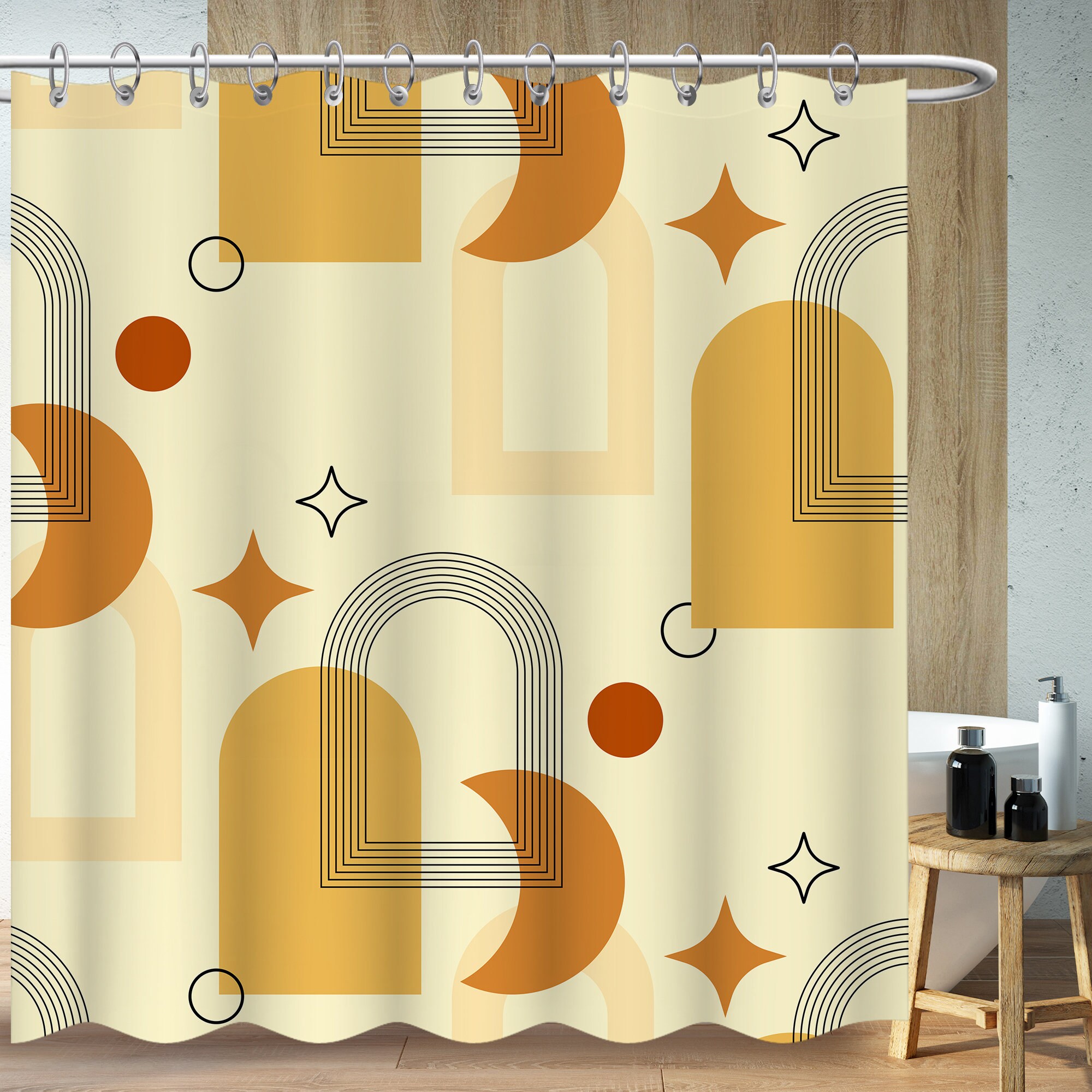 Geometric Lines Star Moon Shower Curtain, Minimalist Bohemia Art, Bathroom Decor