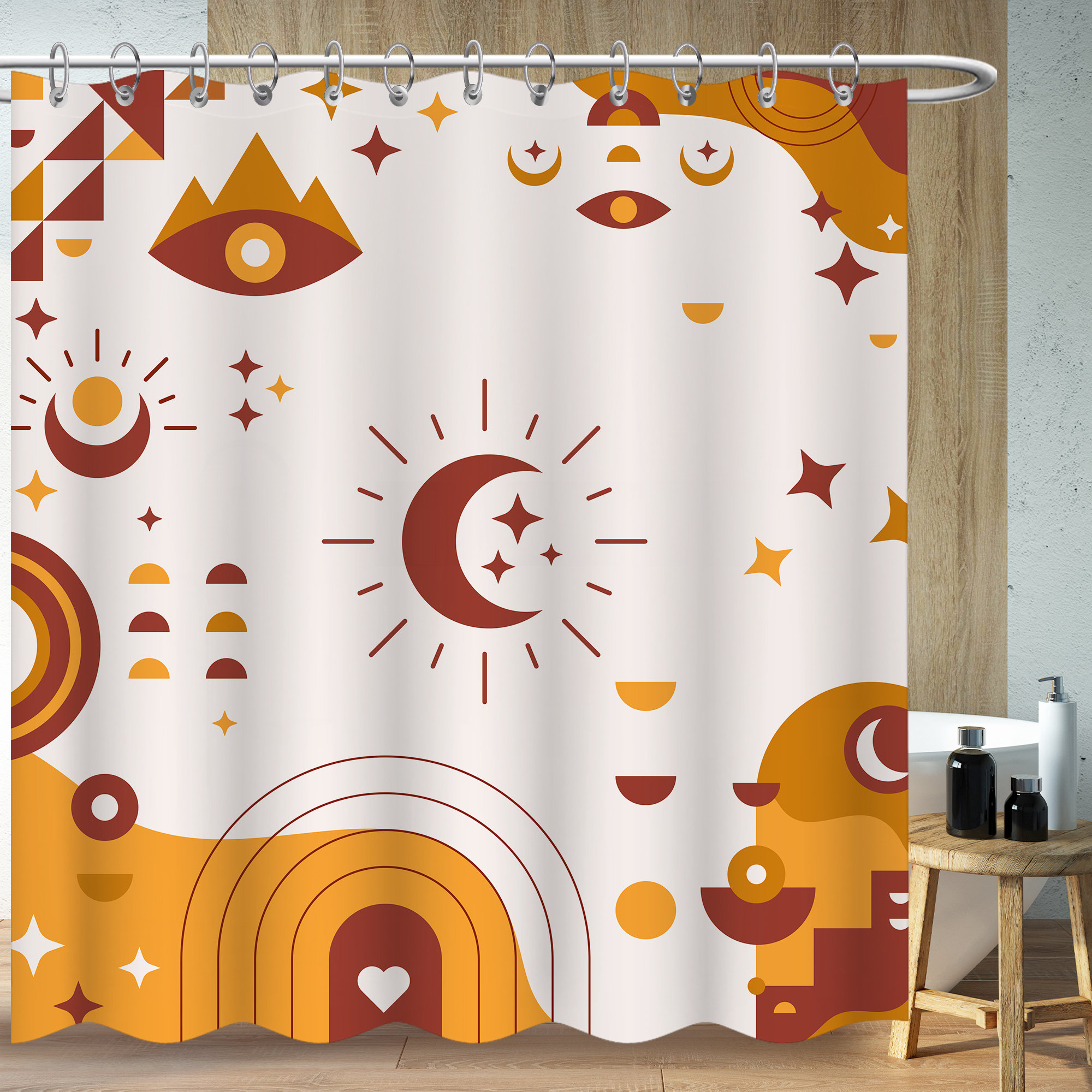 Stars And Moon Shower Curtain With Abstract Line Mountain Design, Minimalist Bathroom Decor Bathroom Curtain