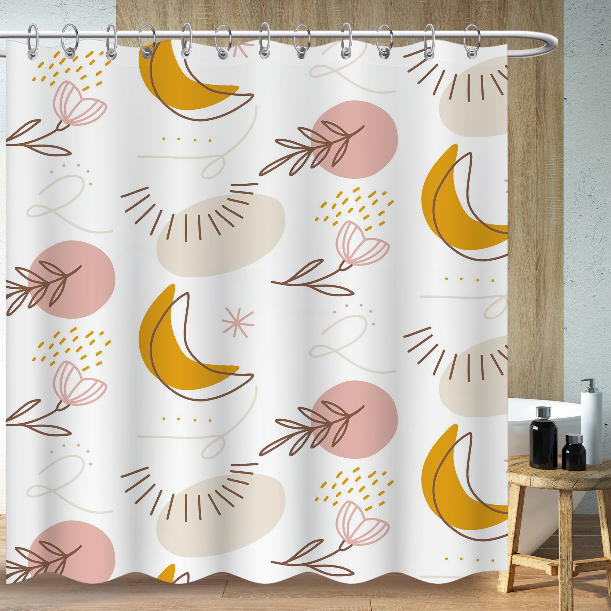 Shower Curtain With Bee And Flower Design, Minimalist White Bathroom Decor, Waterproof Plastic Material Home Decor