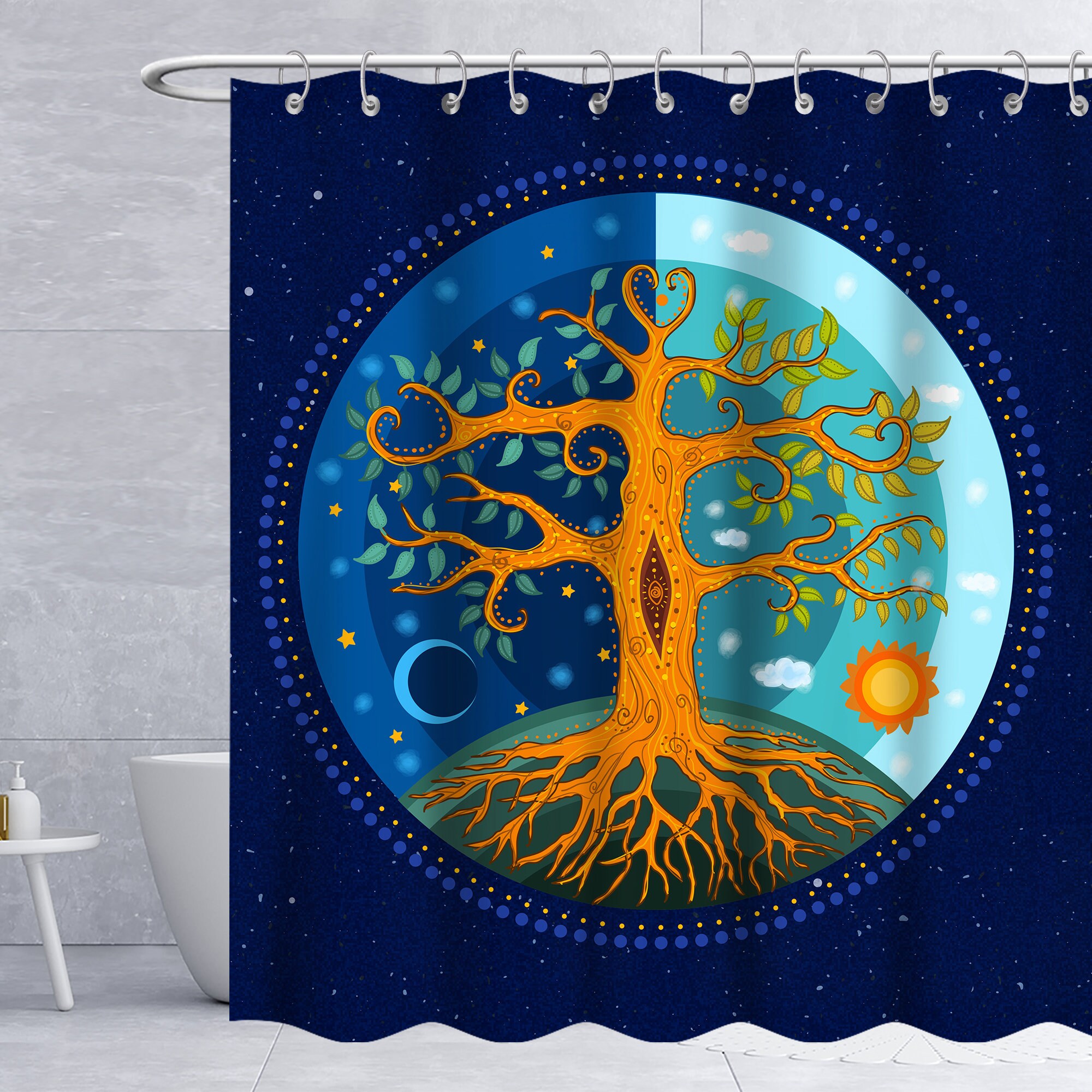 Boho Moon Shower Curtain With Blue Tree Of Life And Gold Star Bohemian And Bathroom Decor