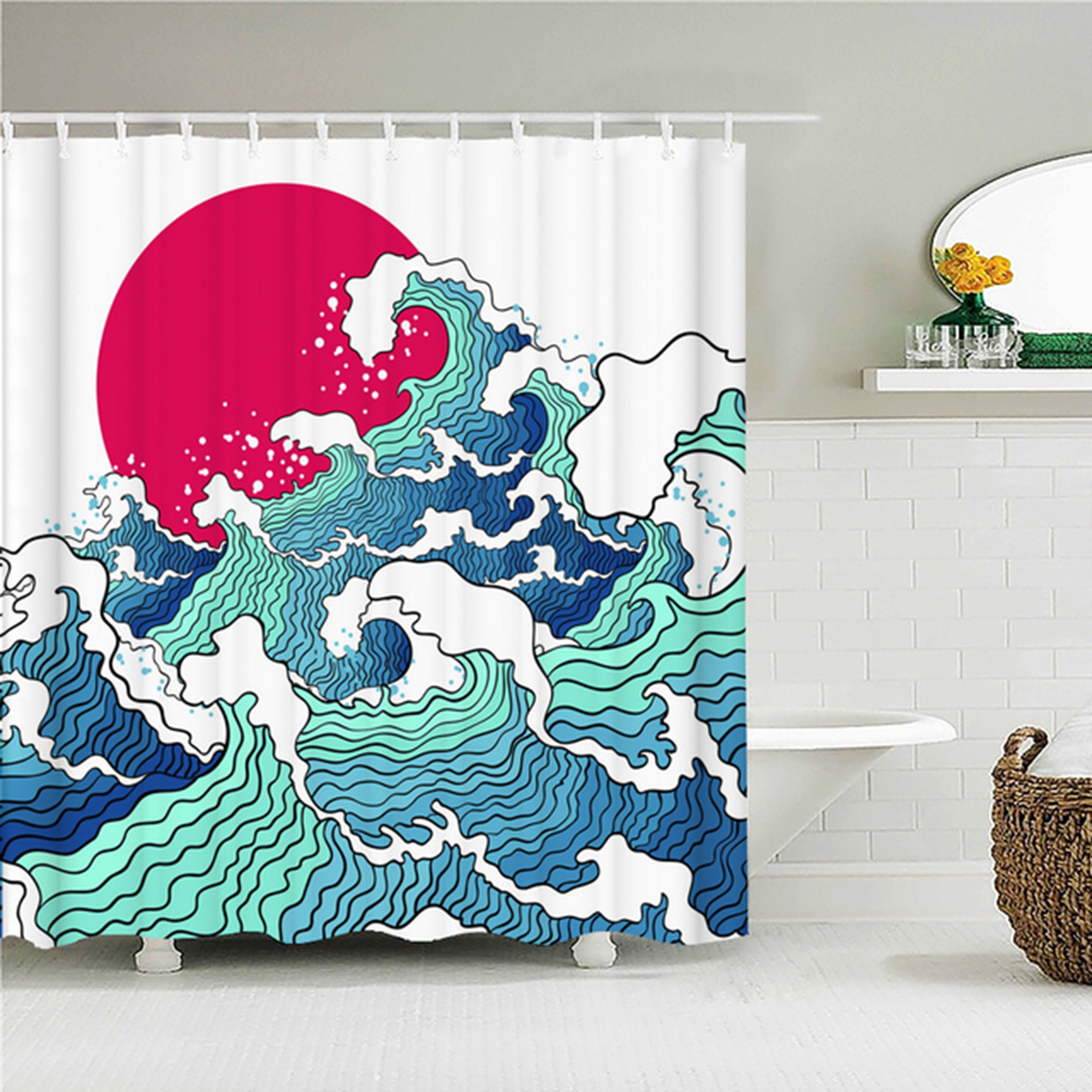 Red Moon And Blue Waves Japanese Themed Shower Curtain Bathroom And Home Decor