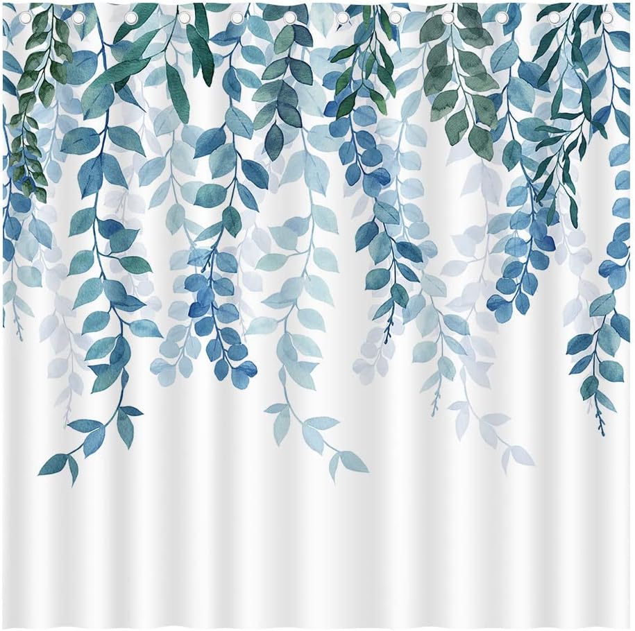 Eucalyptus Shower Curtain, Blue Design, Floral Watercolor Leaves, Botanical Bathroom Decor