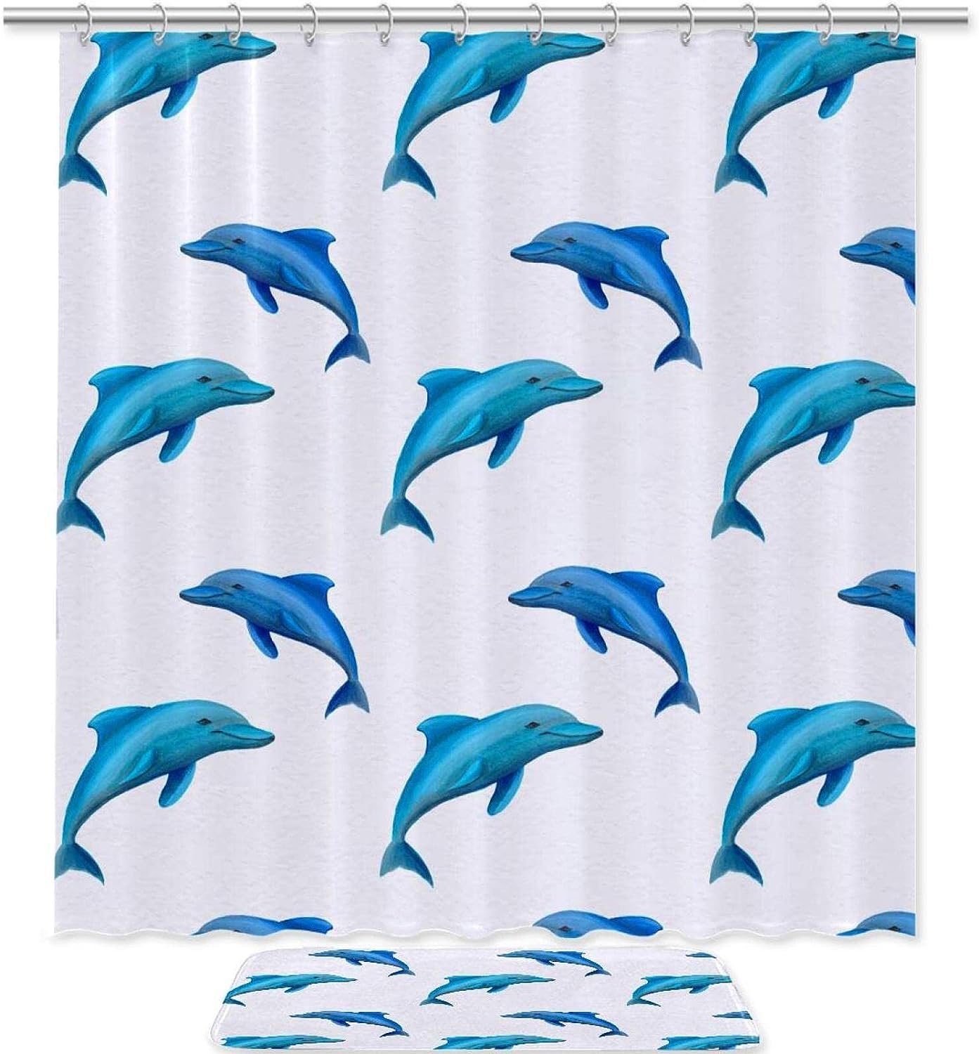 Cute Dolphin Shower Curtain, Blue Design, Waterproof Fabric