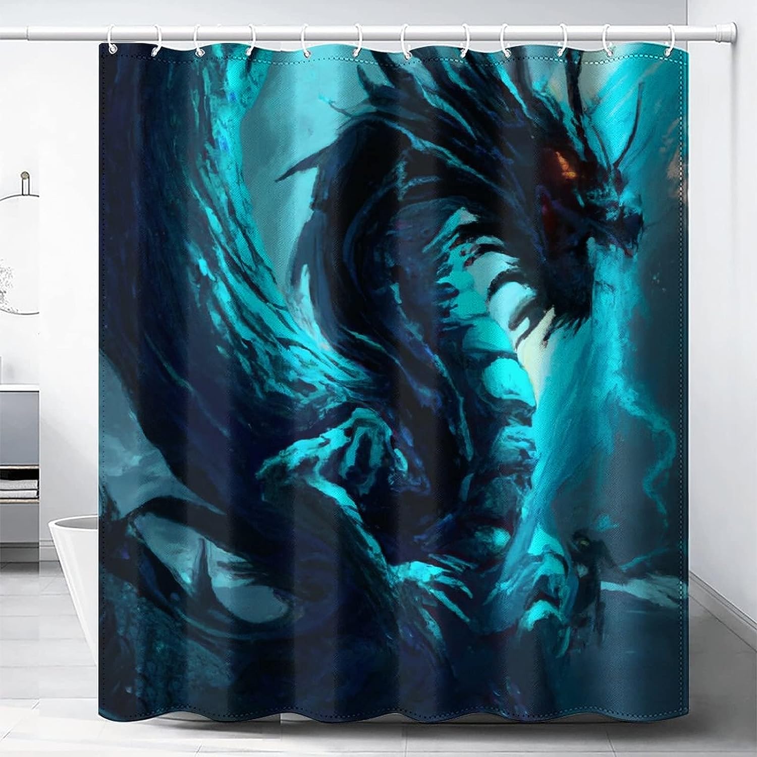 Chinese Dragon Portrait Shower Curtain, Blue Design, Asian Fantasy Pattern, Waterproof Fabric
