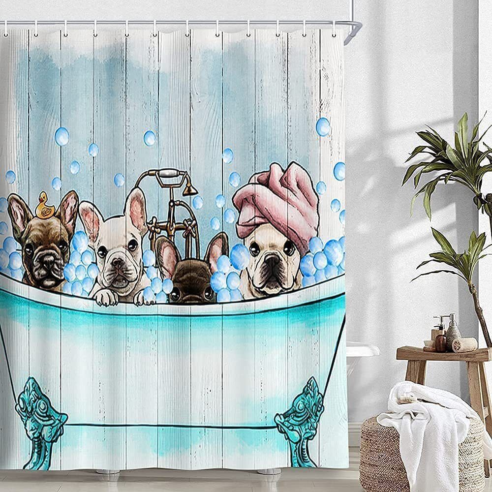 Cute Puppy Shower Curtain, Blue Dog Design, Animal Pet Bath Decor