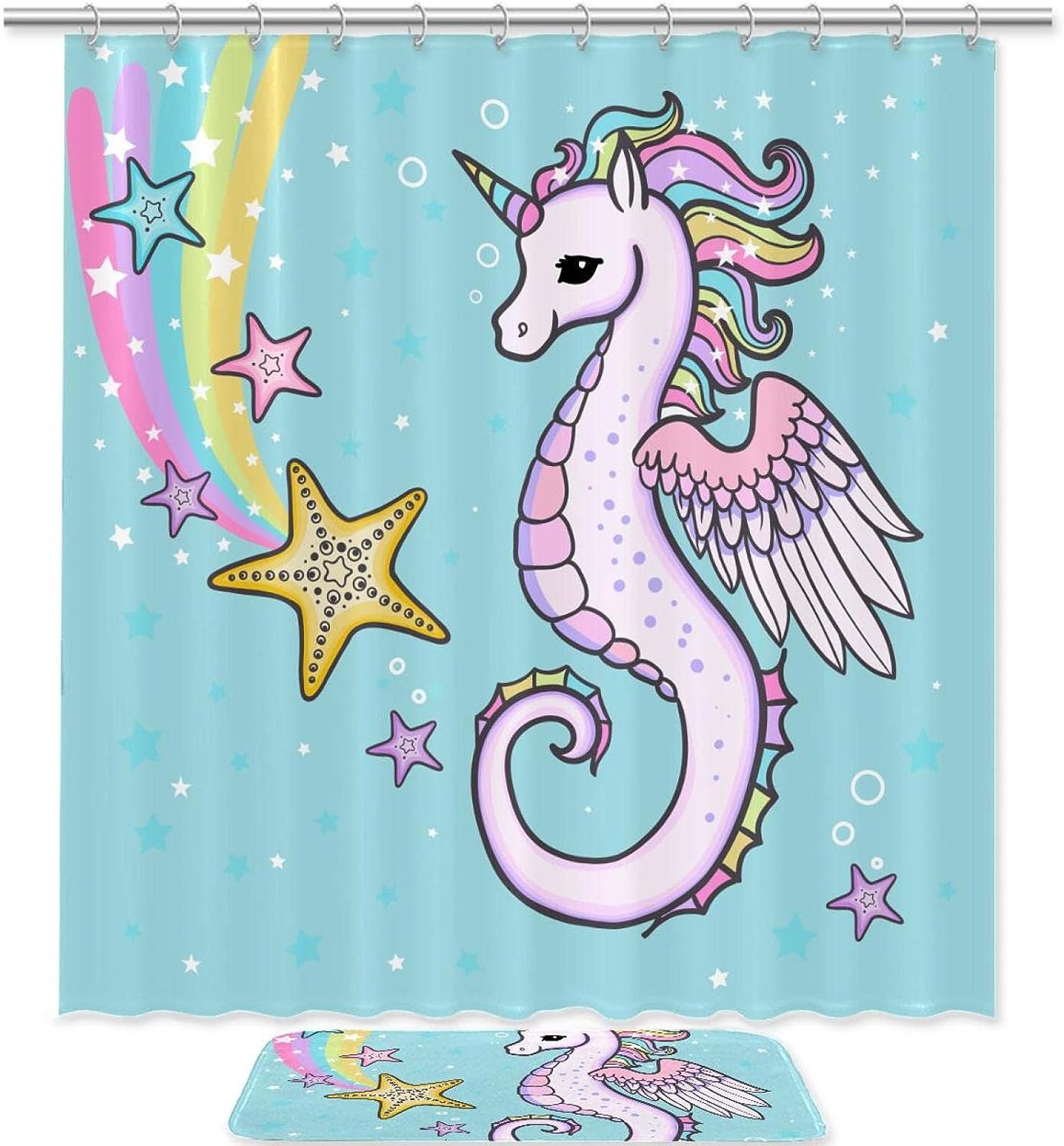 Mythical Colored Unicorn And Seahorse Shower Curtain, Blue Design, Bathroom Decor