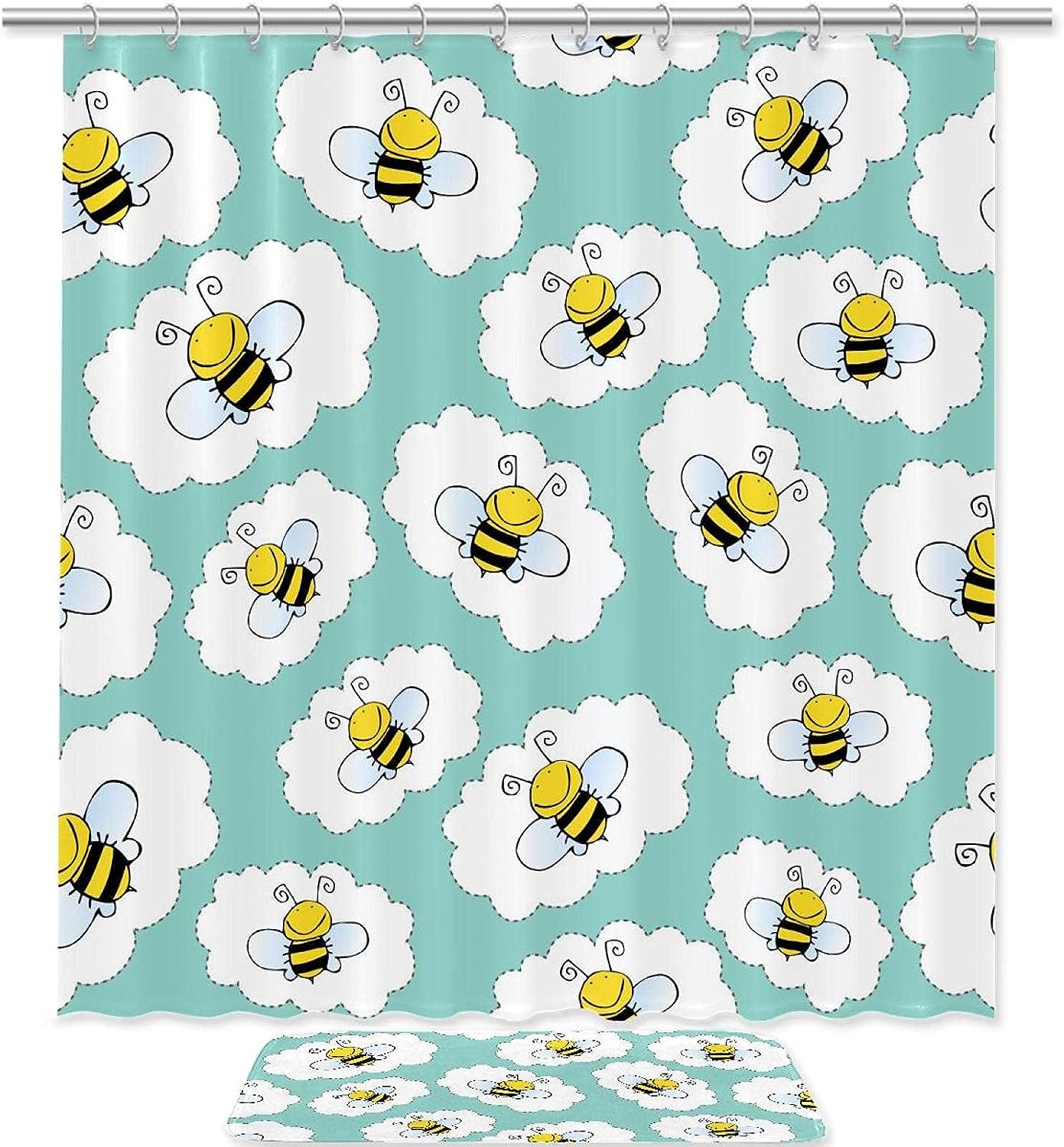Cute Bumble Bee Shower Curtain, Blue Design, Bathroom Decor