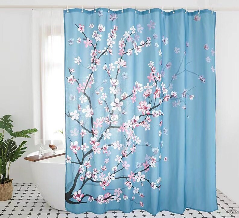 Pink Blossom Shower Curtain, Blue Background, Watercolor Flower Pattern, Bathroom Decor