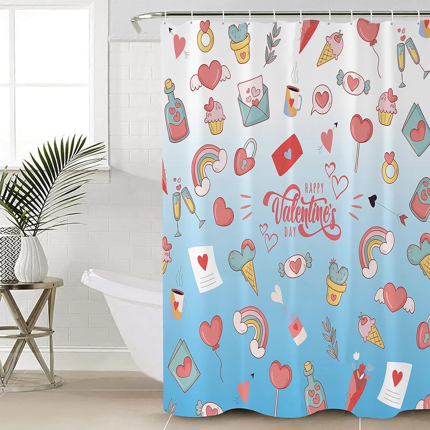 Cute Valentines Day Shower Curtain, Pink Love Heart Blue Ombre For Bathroom Decor