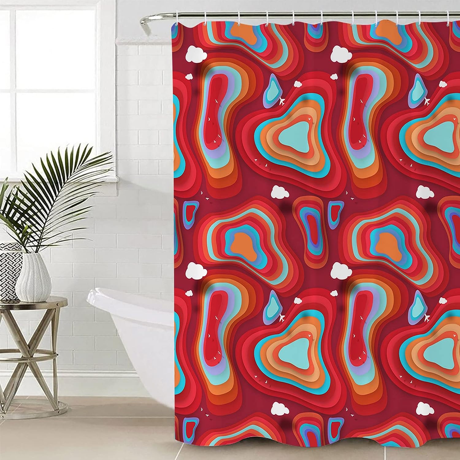 Red Teal Orange Ombre Shower Curtain, Modern Geometric Abstract Art For Bathroom Decor