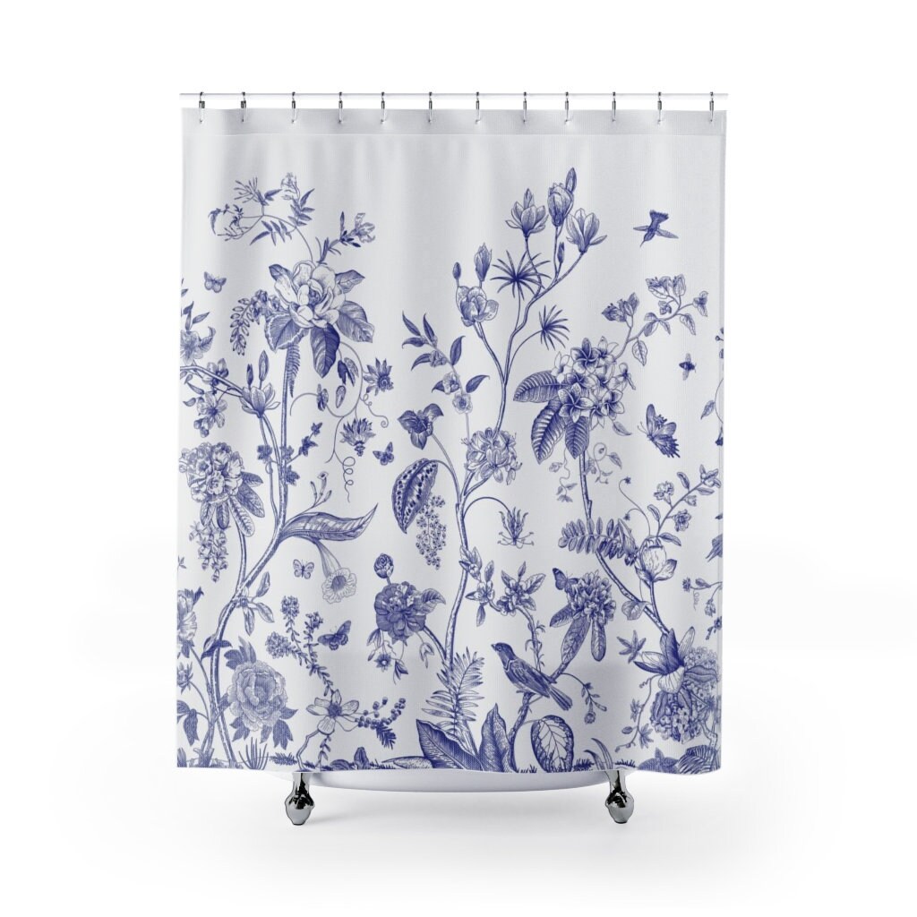 Chinoiserie Garden Birds Shower Curtain, Vintage Botanical Pattern, Cottagecore Farmhouse Antique Decor