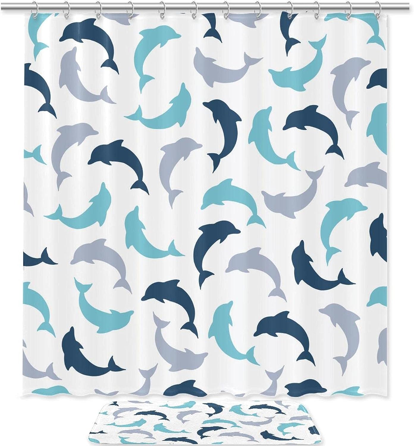 Dolphin Shower Curtain, Blue And Grey Design, Machine Washable With Floor Mat