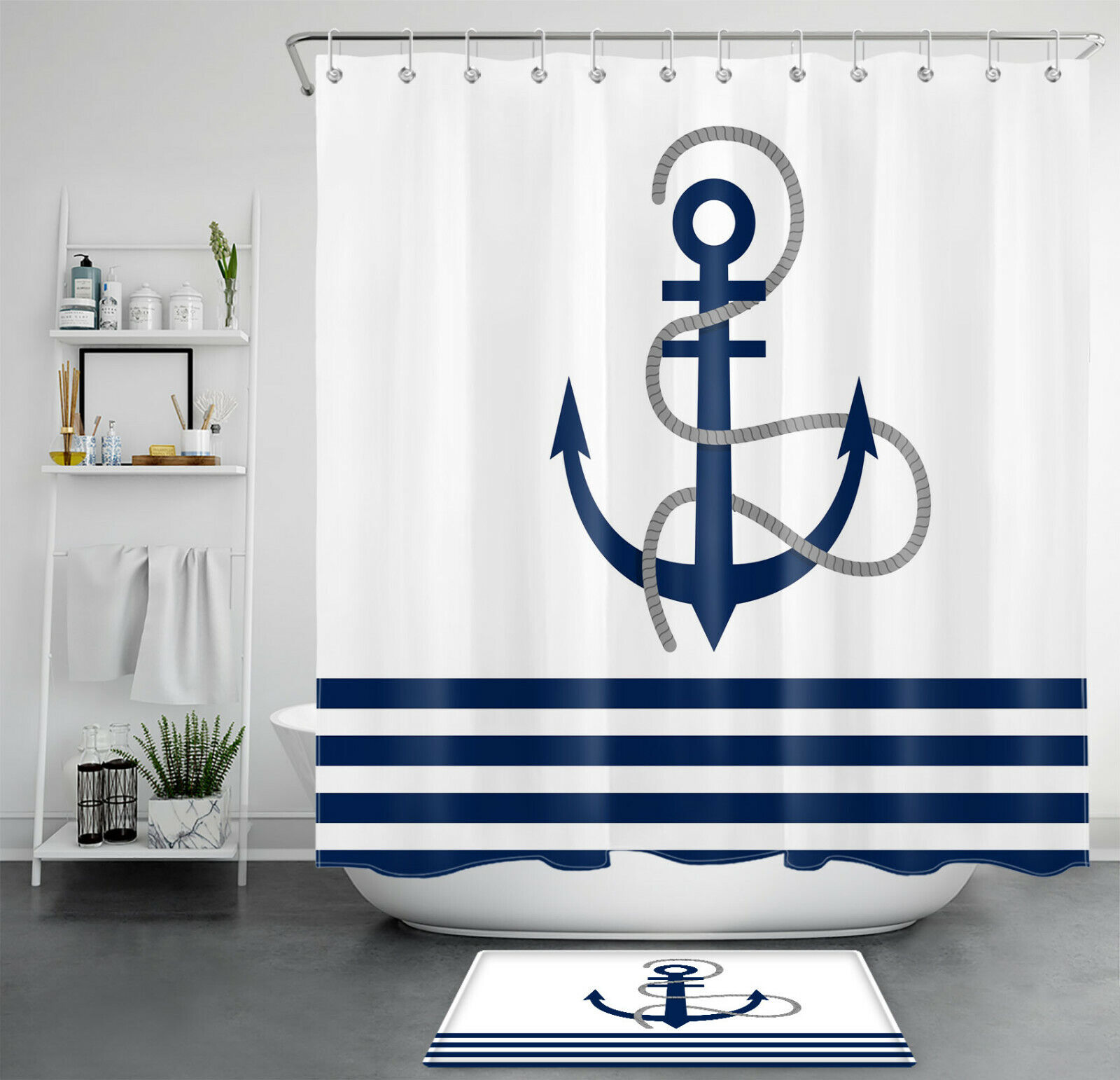 Nautical Anchor And Stripes Shower Curtain, Blue And White Design