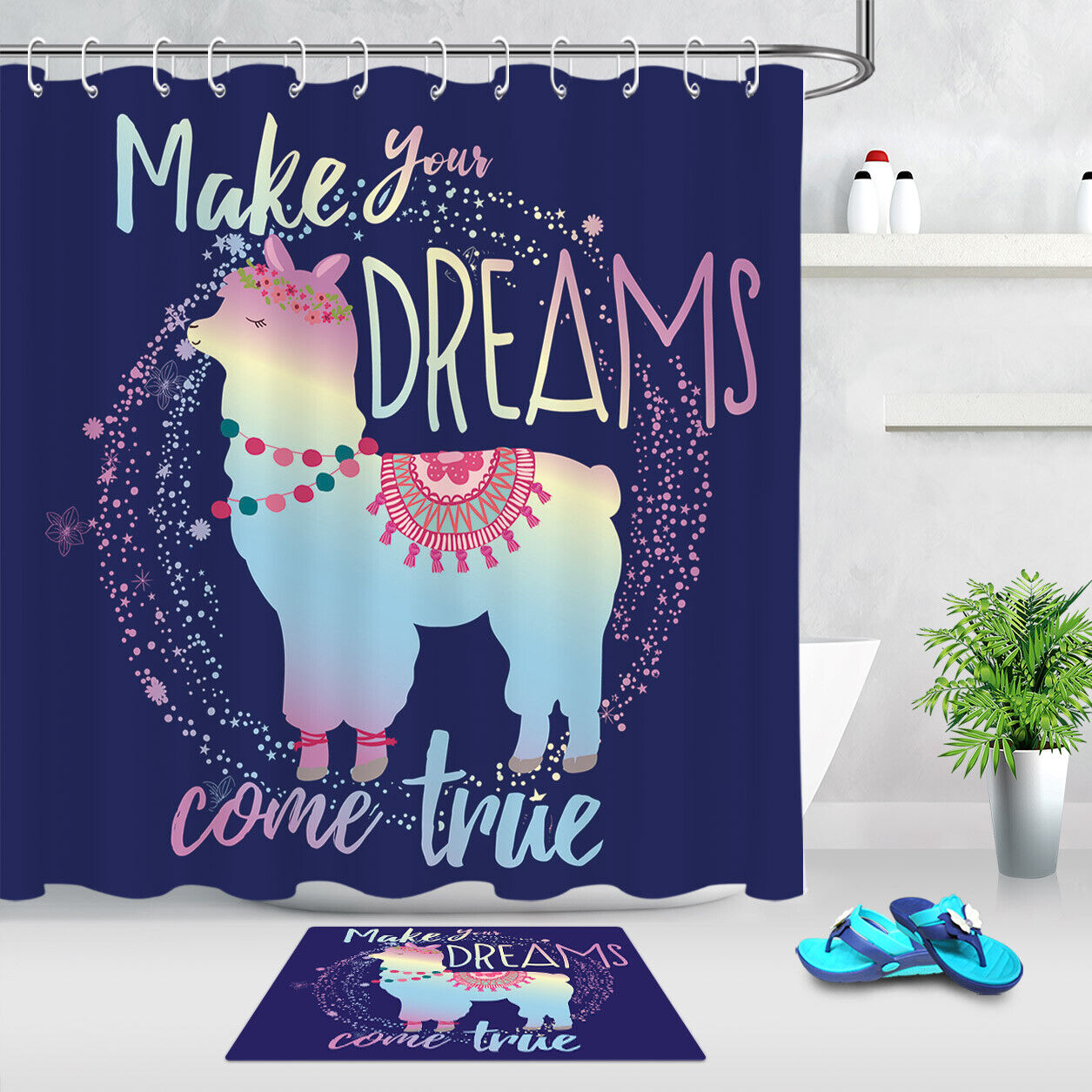 Cartoon Alpaca Llama Shower Curtain, Blue Background, Waterproof Fabric