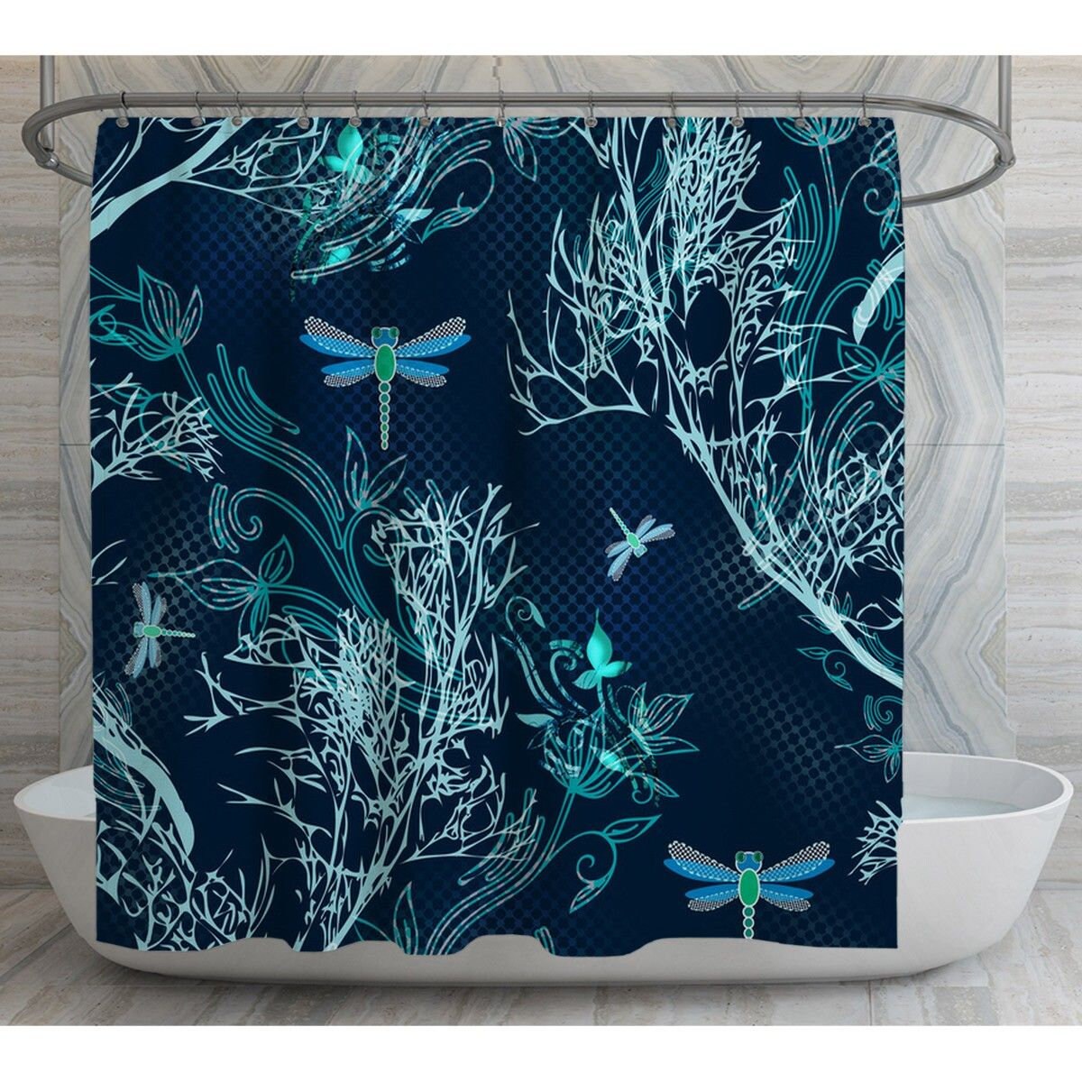 Dragonflies And Branches Shower Curtain, Blue And Green Color Scheme, Insect Shower Curtain