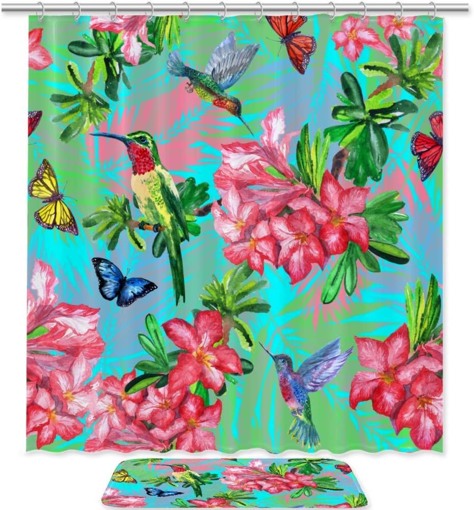 Botanical Shower Curtain, Blooming Flowers, Birds, Butterflies And Hummingbirds, Rhododendron Design
