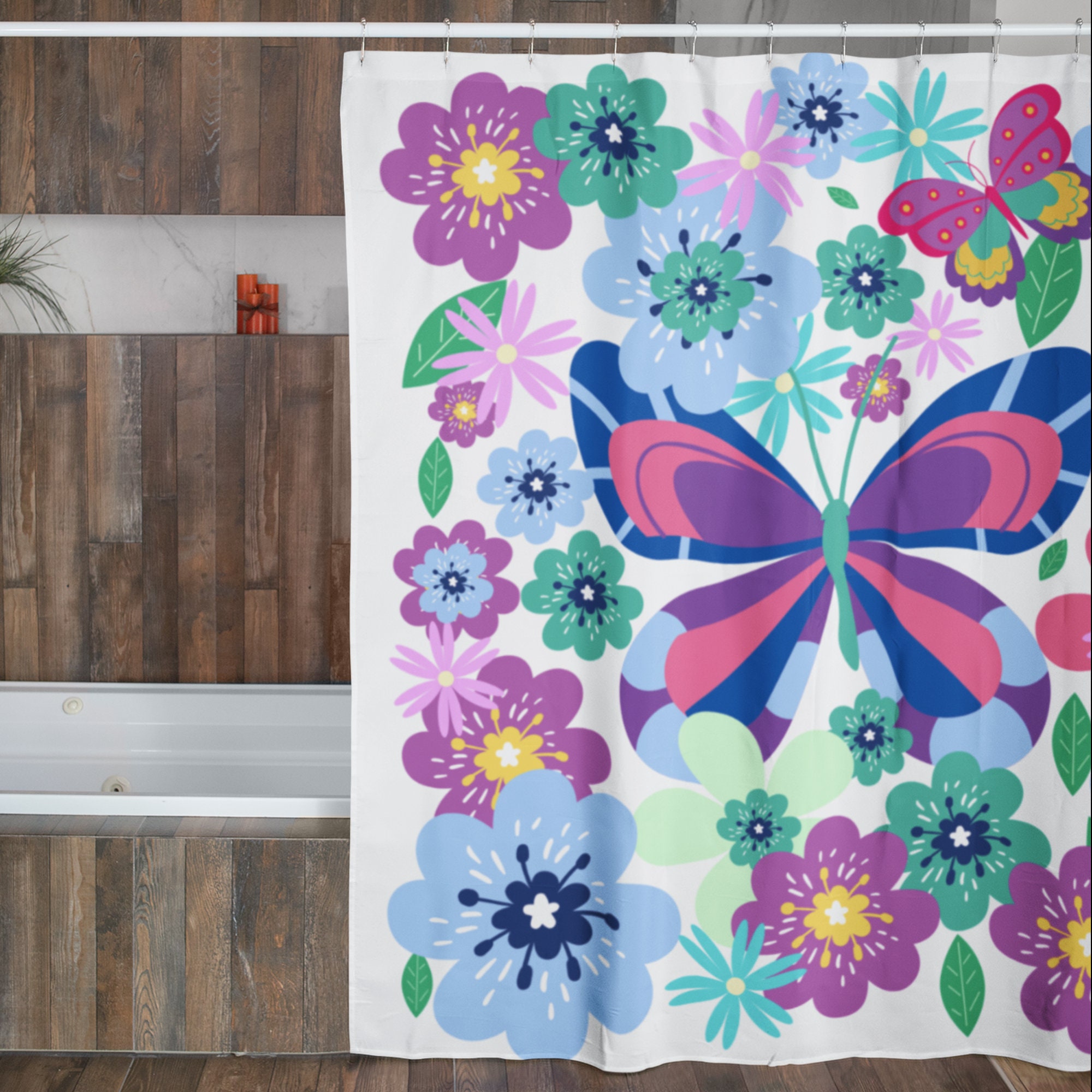 Flower And Butterfly Boho Shower Curtain, Bohemian Bath Curtain, Cute Bathroom Decor