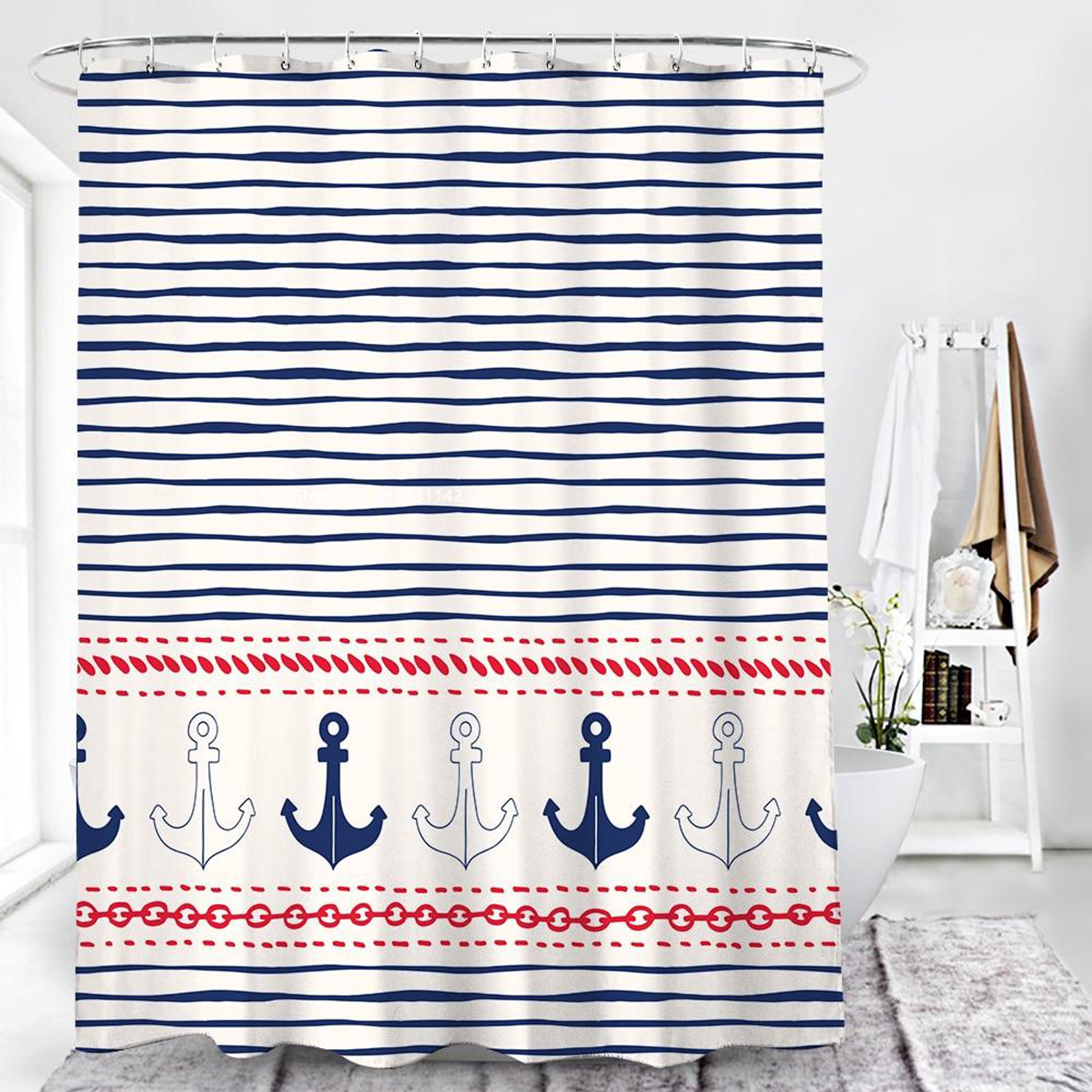 Nautical Anchor Shower Curtain, Ocean Beach Marine Themed Curtain, Bathroom Accessories Home Decor