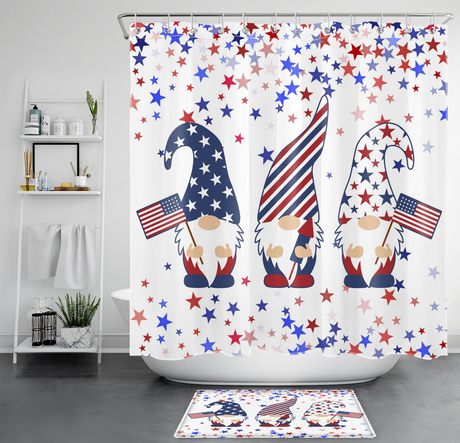 Patriotic Stars Gnome Shower Curtain, Blue And Red Design