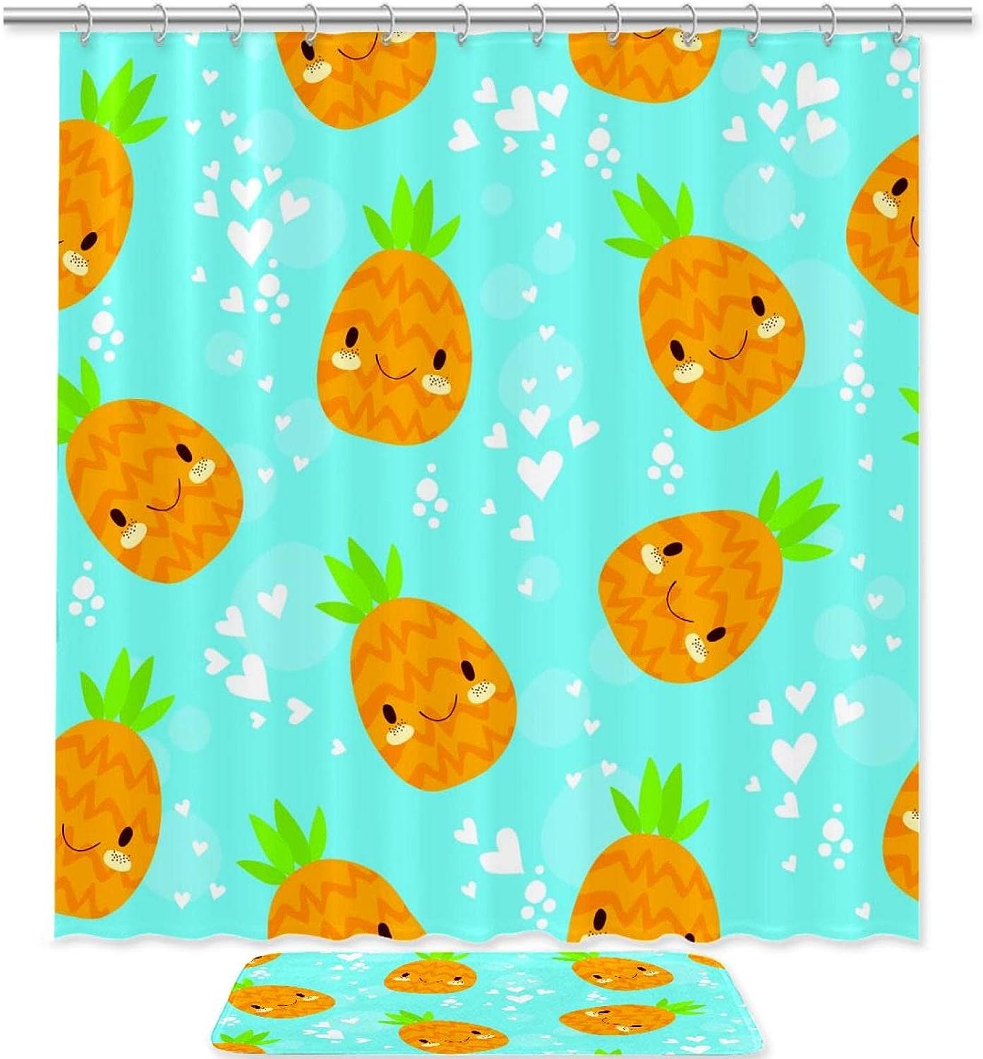 Pineapple Patterned Shower Curtain Waterproof Bathroom Decor With Blue Tones