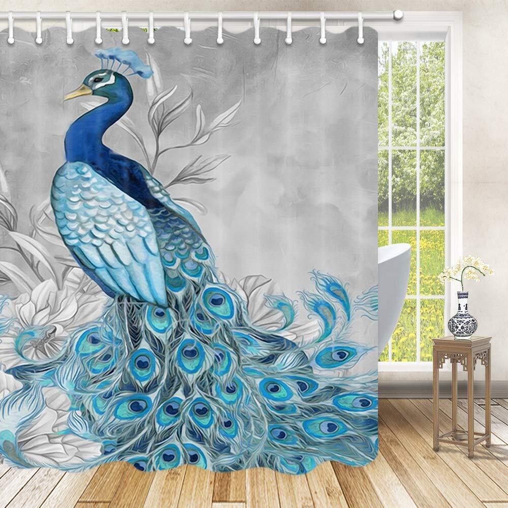 Gorgeous Blue Peacock Feather Shower Curtain Waterproof Fabric Bathroom Decor