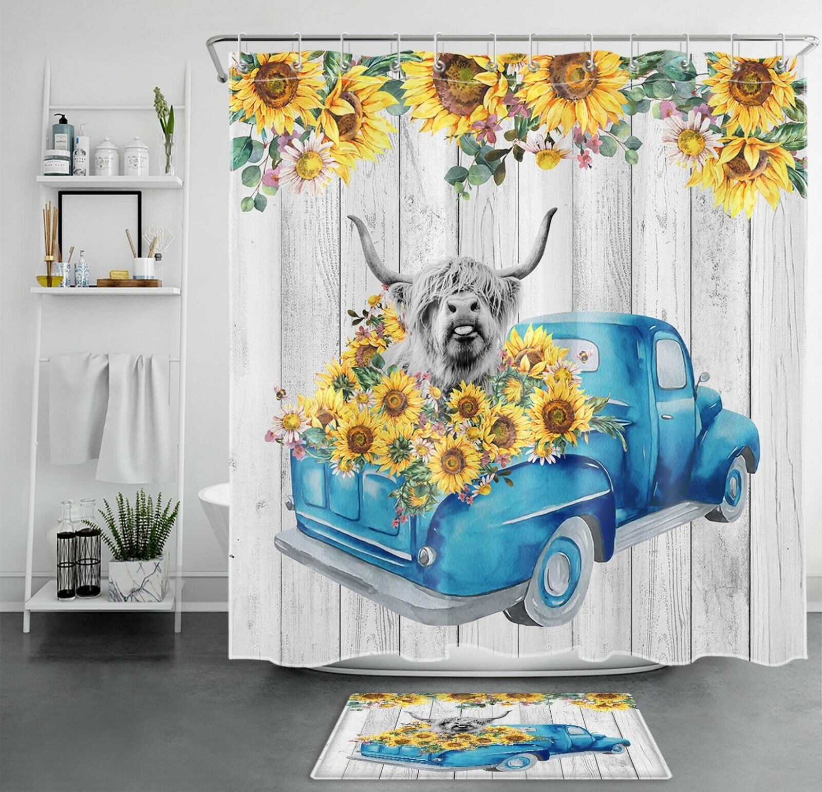 Retro Truck Highland Cow Sunflower Shower Curtain Blue Rustic Bathroom Decor With Farmhouse Theme